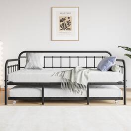 GOODSILO - Twin Size Metal Daybed Frame with Trundle, Sturdy Steel Slat Support Sleeper Sofa Platform Including Headboard - Black