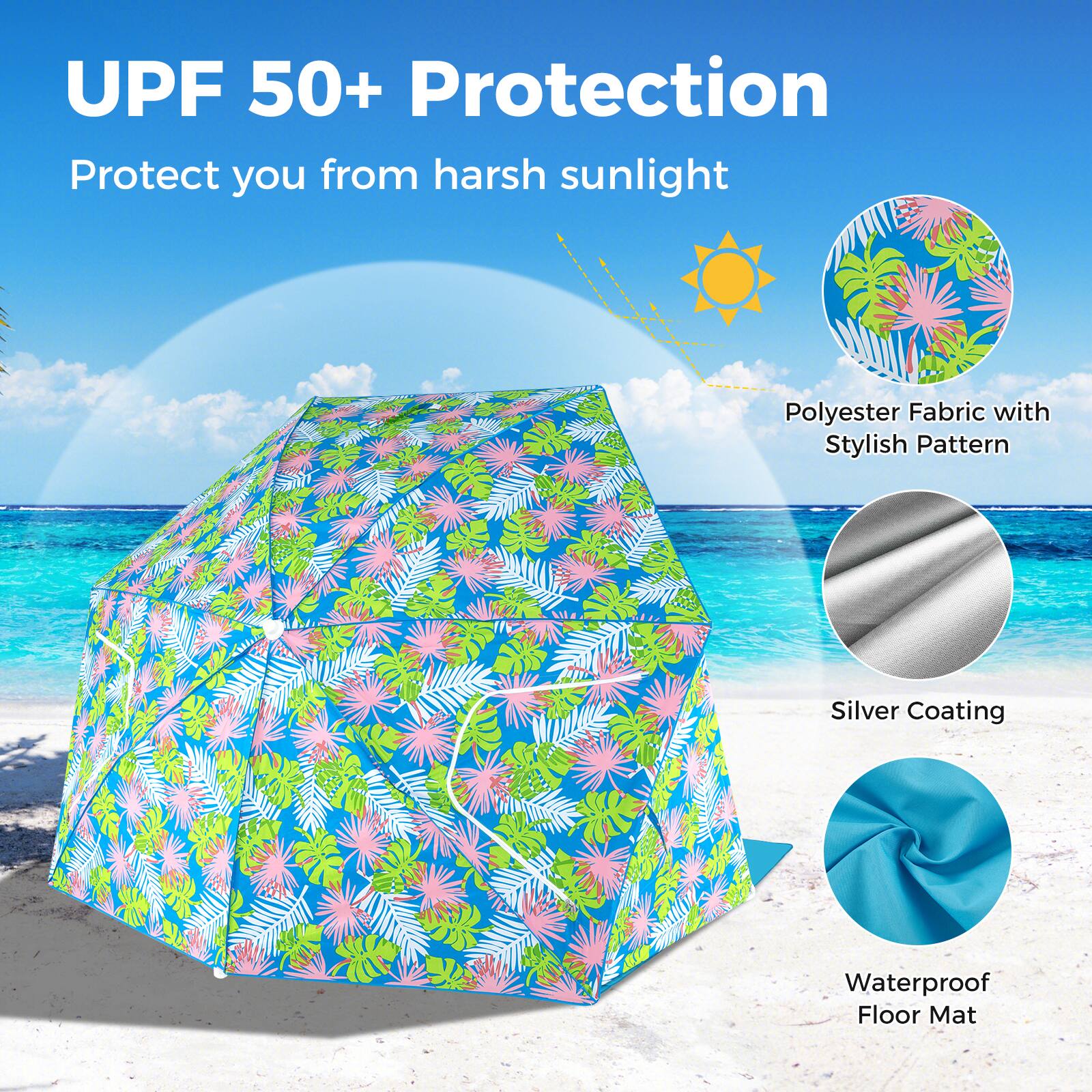 UPF 50+ Protection  
Protect you from harsh sunlight  

- Polyester Fabric with Stylish Pattern  
- Silver Coating  
- Waterproof Floor Mat
