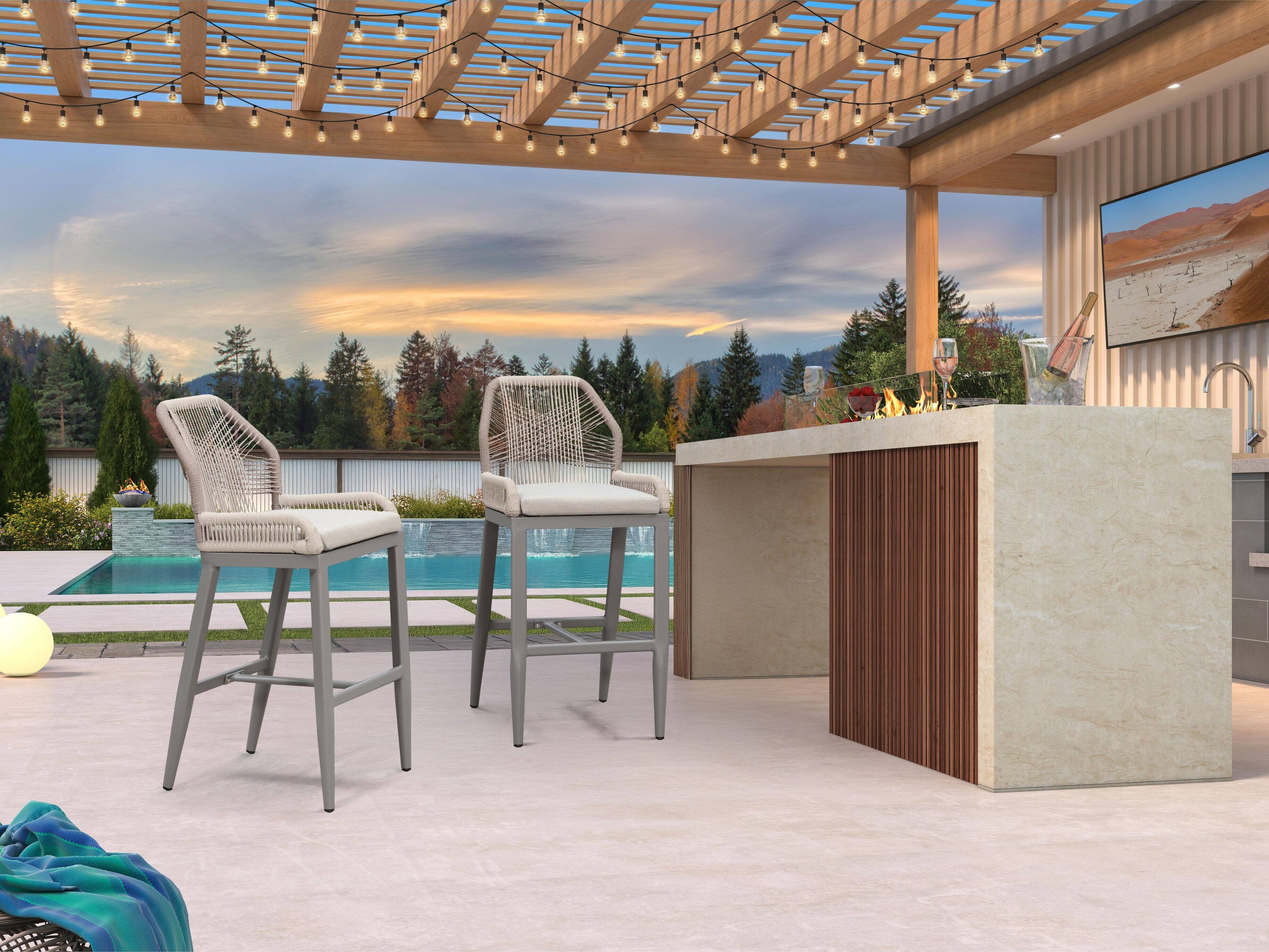 Alt View 3. PURPLE LEAF - Patio Outdoor Bar Stool Bar Height Set of 2 Rattan Chair with Back Modern Aluminum Woven Barstools for Garden Indoor - Light Grey-Bar Stool.