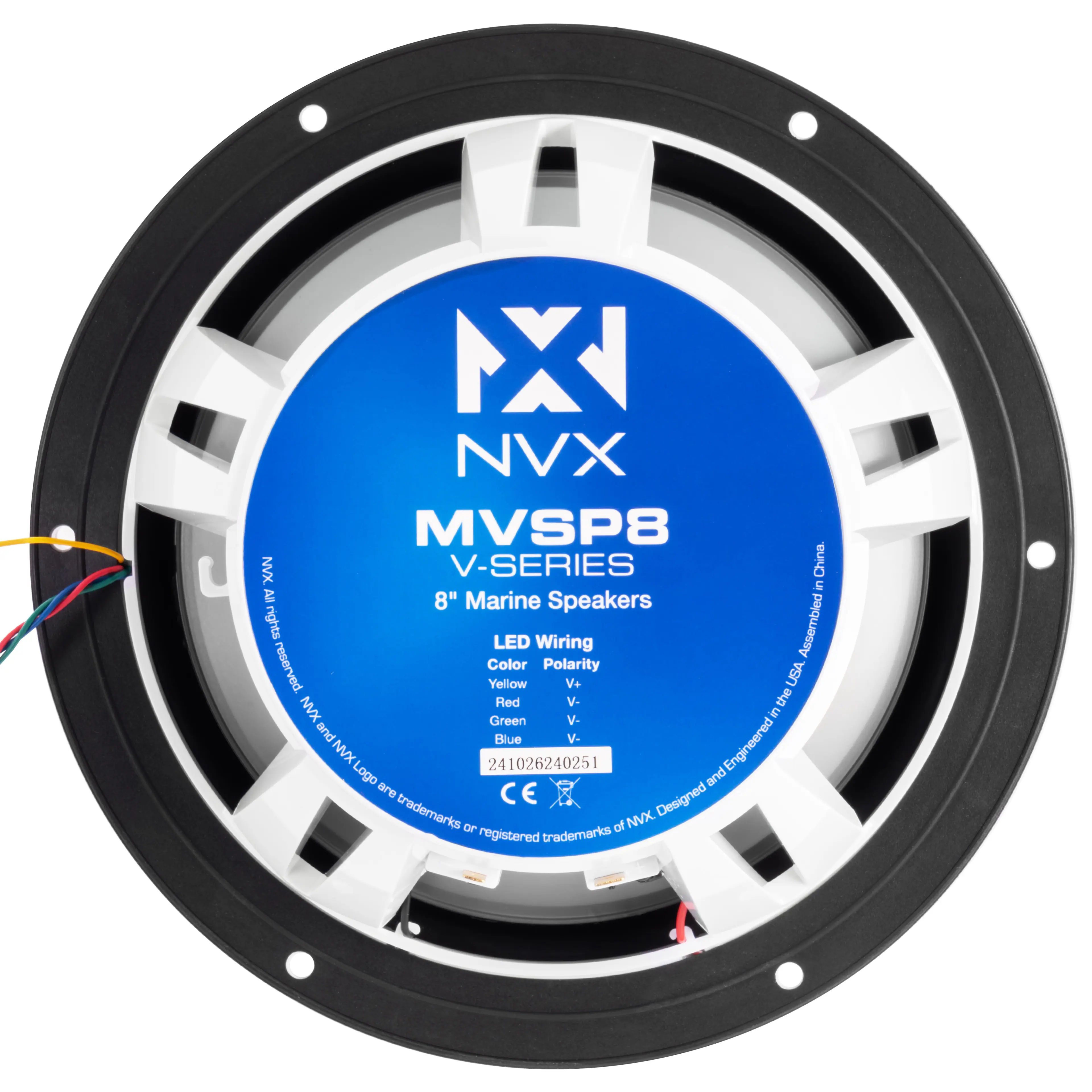 NX NVX MVSP8 NVX V-SERIES 8" Marine Speakers  
LED Wiring  
Color Polarity  
Yellow V+  
Red V-  
Green V-  
Blue V-  

NVX Logo  
241026240251  

Engineered and Assembled in China.  
All rights reserved.  
USA  

NVX Logo are trademarks or registered trademarks of NVX.  
CE