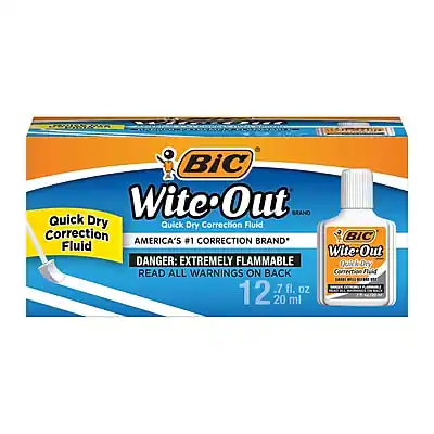 BIC Wite-Out
Quick Dry Correction Fluid
AMERICA'S #1 CORRECTION BRAND*
DANGER: EXTREMELY FLAMMABLE
READ ALL WARNINGS ON BACK
12 20 ml
7 fl. oz.