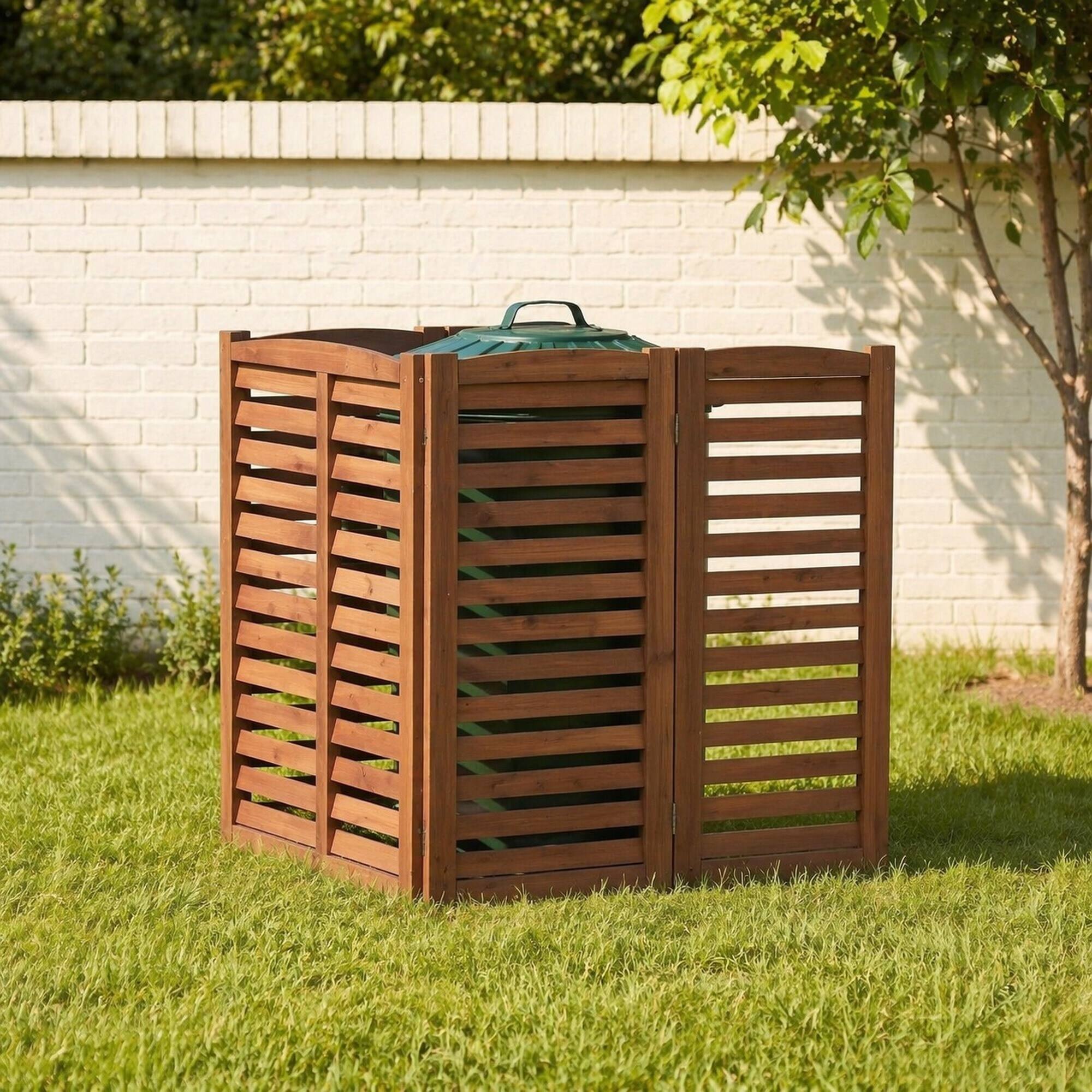 Angle. RYHNUYNE - 3-Panel Outdoor Wood Privacy Screen for Air Conditioner, 32 by 38 Inch Solid Wood Fence with Ventilated Slat - Brown.