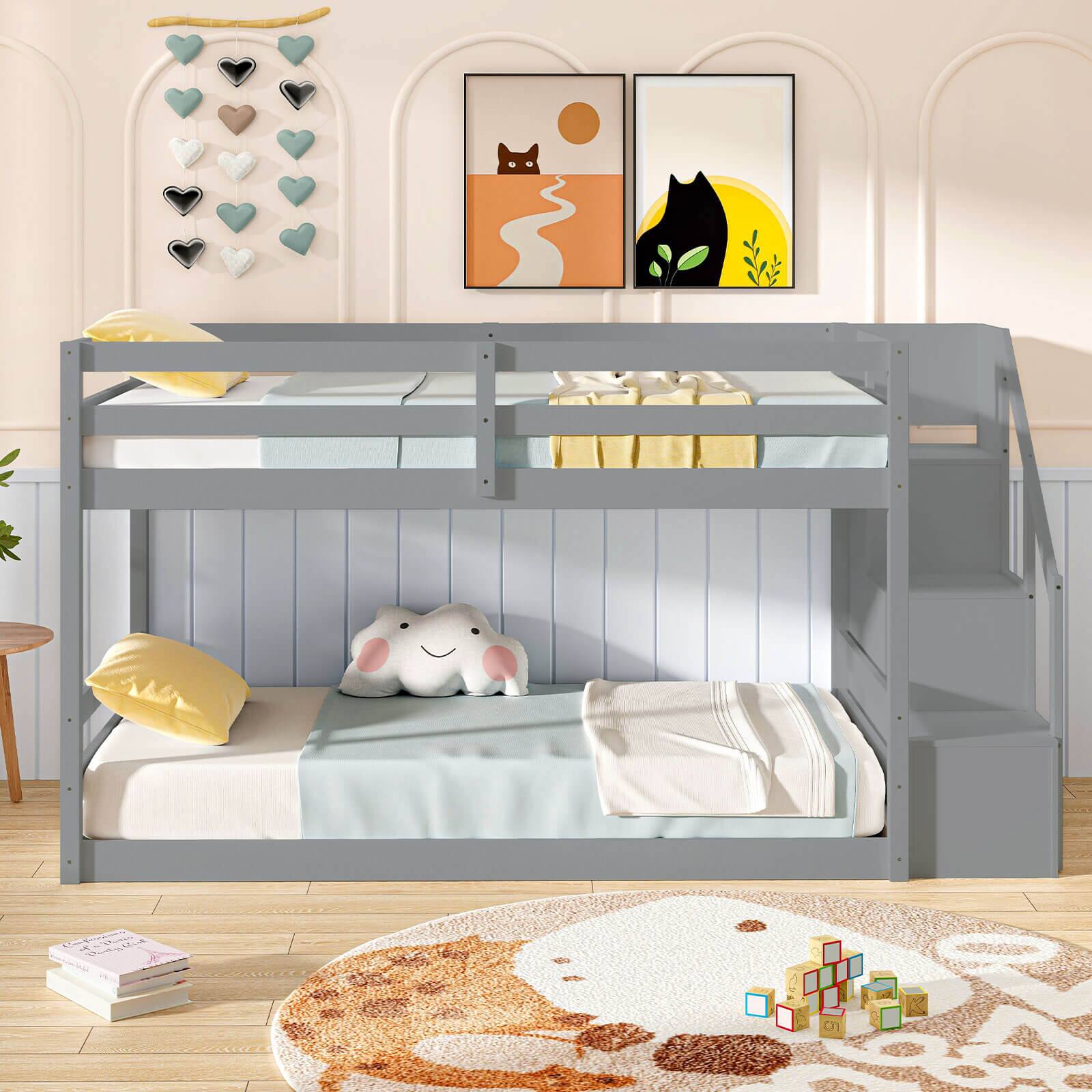 Alt View 4. Costway - Costway Twin Over Twin Low Bunk Bed Solid Wood Floor Bunk Bed Frame with Storage Stairs - Gray.