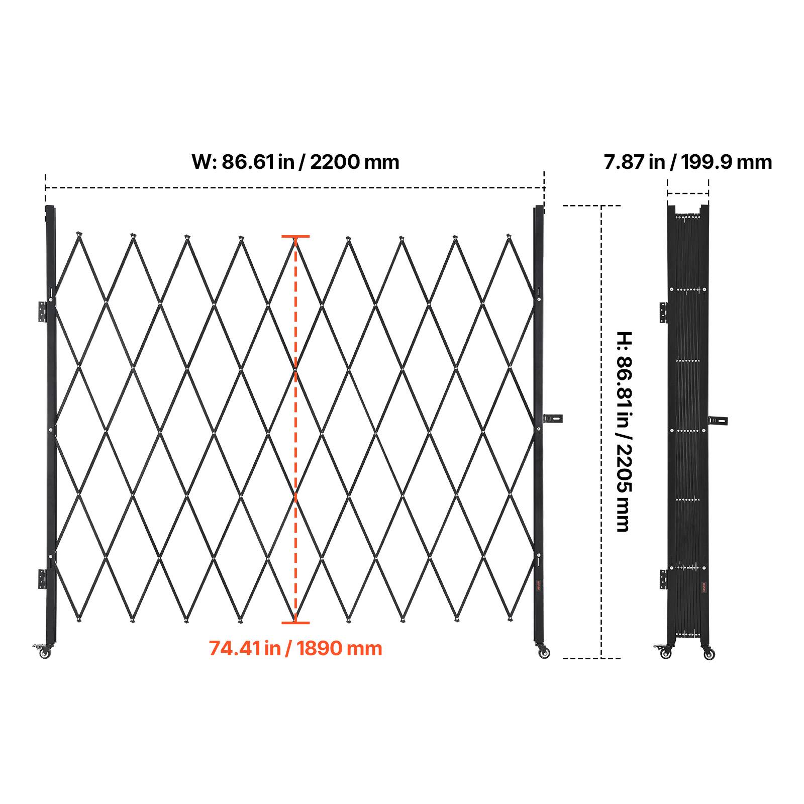 W: 86.61 in / 2200 mm  
H: 86.81 in / 2205 mm  
7.87 in / 199.9 mm  
74.41 in / 1890 mm