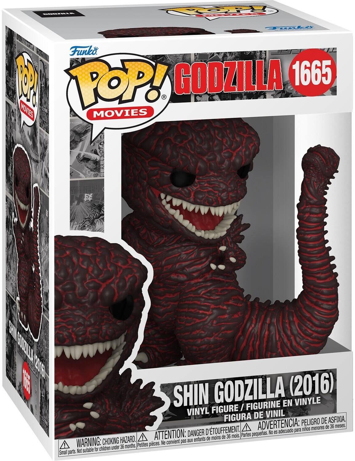 Sure, here is the corrected and grouped text from the image:

---

**Funko POP! Movies**

**GODZILLA 1665**

**SHIN GODZILLA (2016)**  
VINYL FIGURE / FIGURINE EN VINYLE / FIGURA DE VINIL

**WARNING: CHOKING HAZARD**  
Small parts. Not suitable for children under 36 months.

**ATTENTION: DANGER D'ÉTOUFFEMENT**  
Partes pequeñas. No es adecuado para niños menores de 36 meses.

**ADVERTENCIA: PELIGRO DE ASFIXIA**  
Partes pequeñas. No es adecuado para niños menores de 36 meses.

---