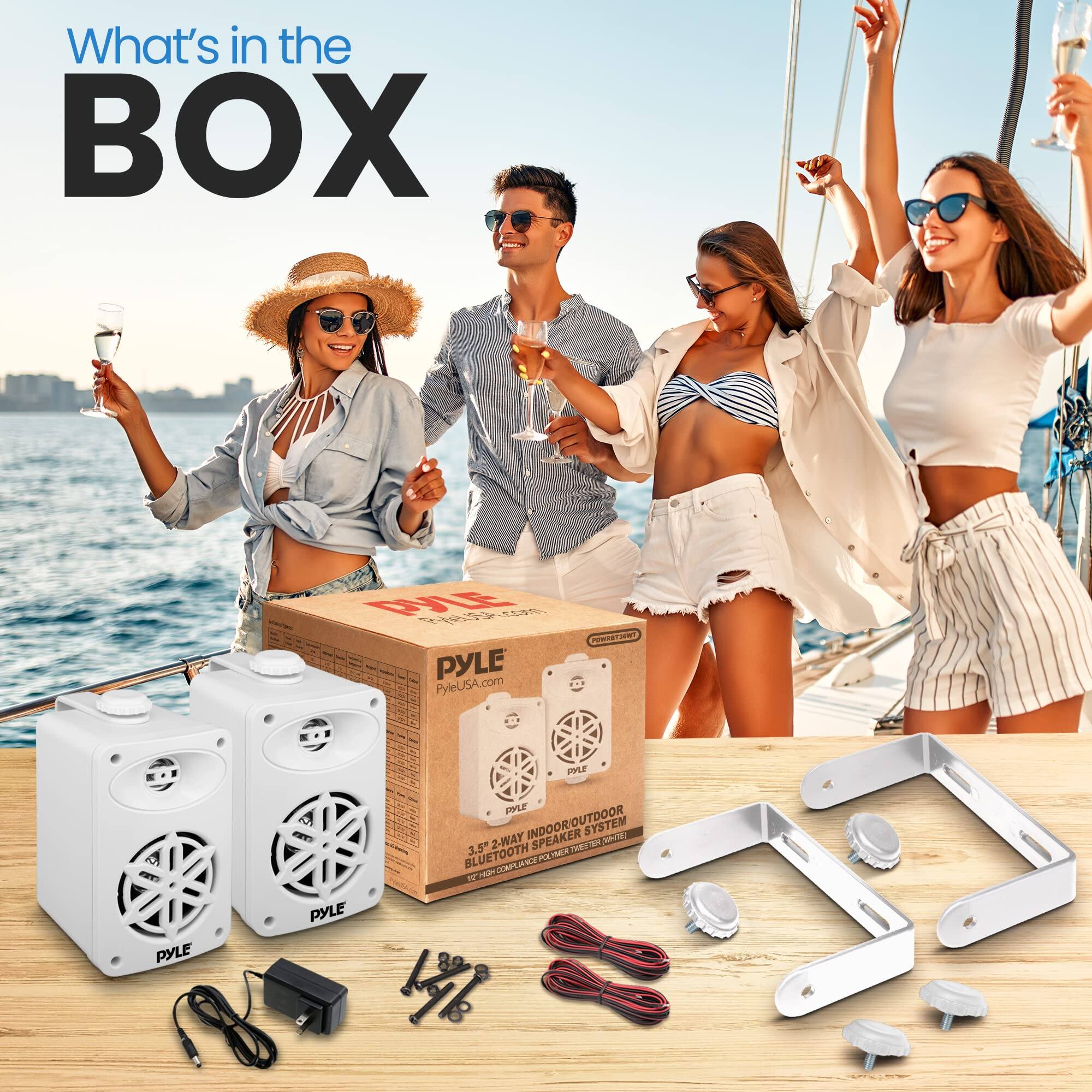 What's in the BOX

PYLE PyleUSA.com LFPLE 2-WAY INDOOR/OUTDOOR SPEAKER SYSTEM 1 3.5 PE A4 BLUETOOTH