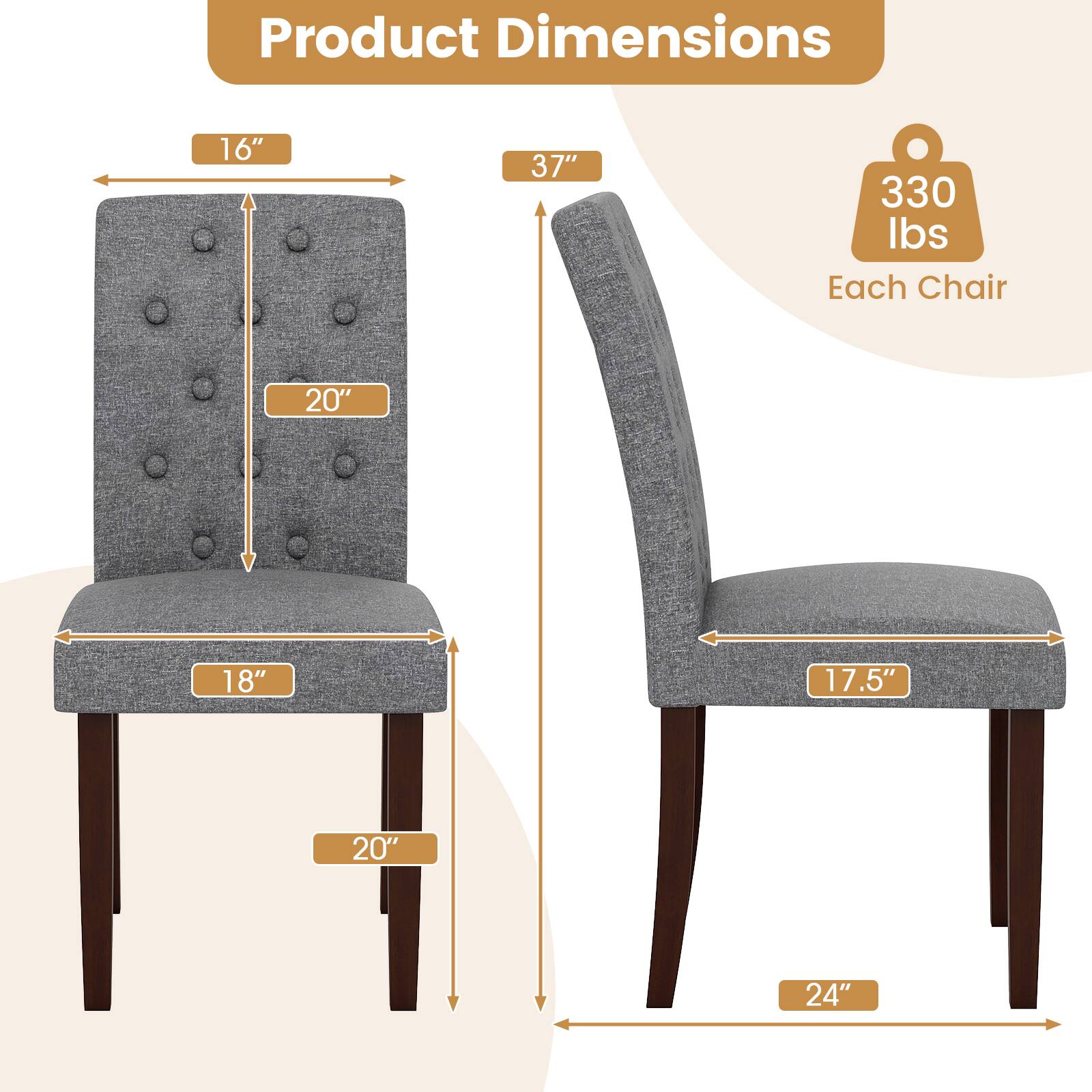 Product Dimensions  
Each Chair  
16" x 20" x 18" x 20" x 37"  
330 lbs
