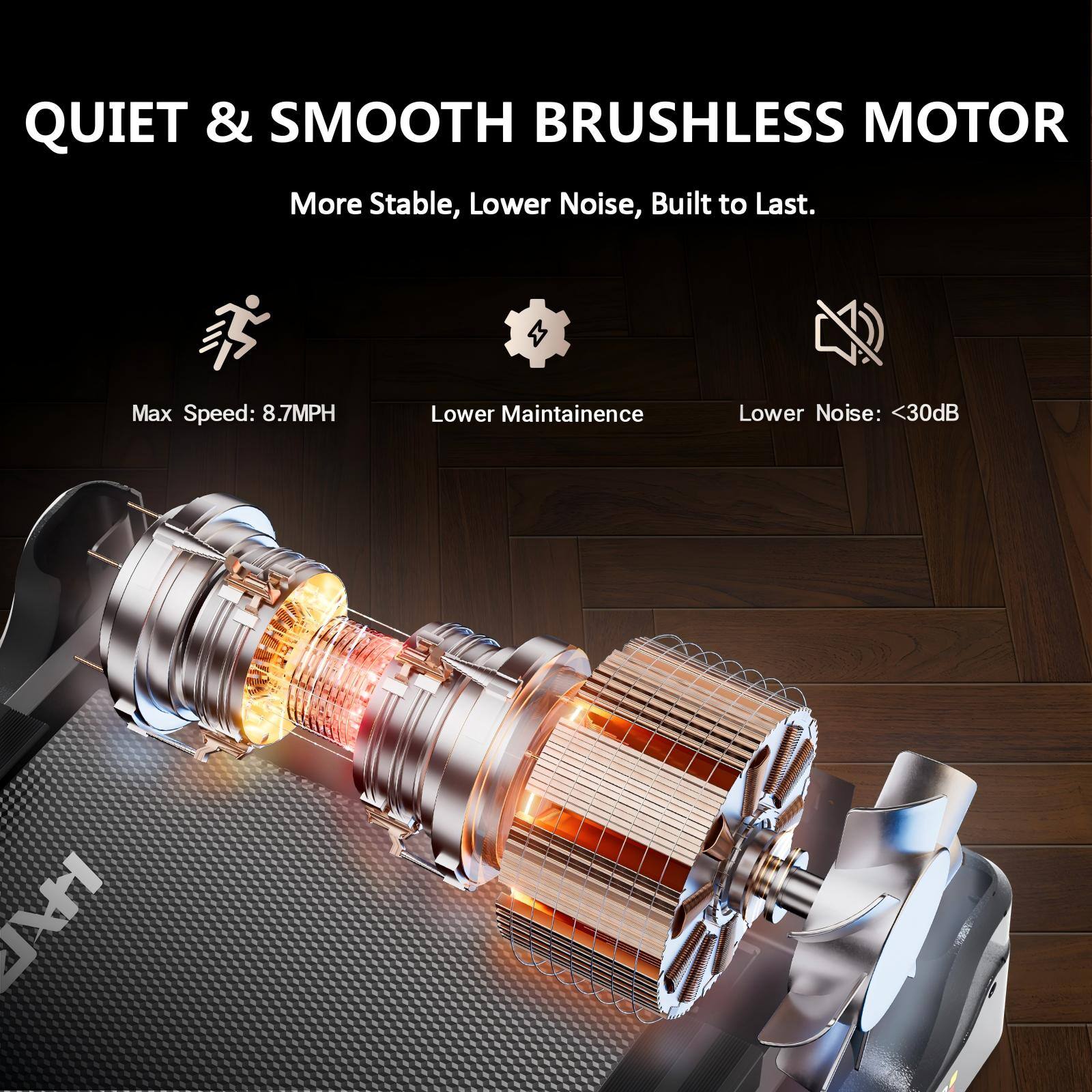 QUIET & SMOOTH BRUSHLESS MOTOR  
More Stable, Lower Noise, Built to Last.  
Max Speed: 8.7MPH  
Lower Maintenance  
Lower Noise: <30dB