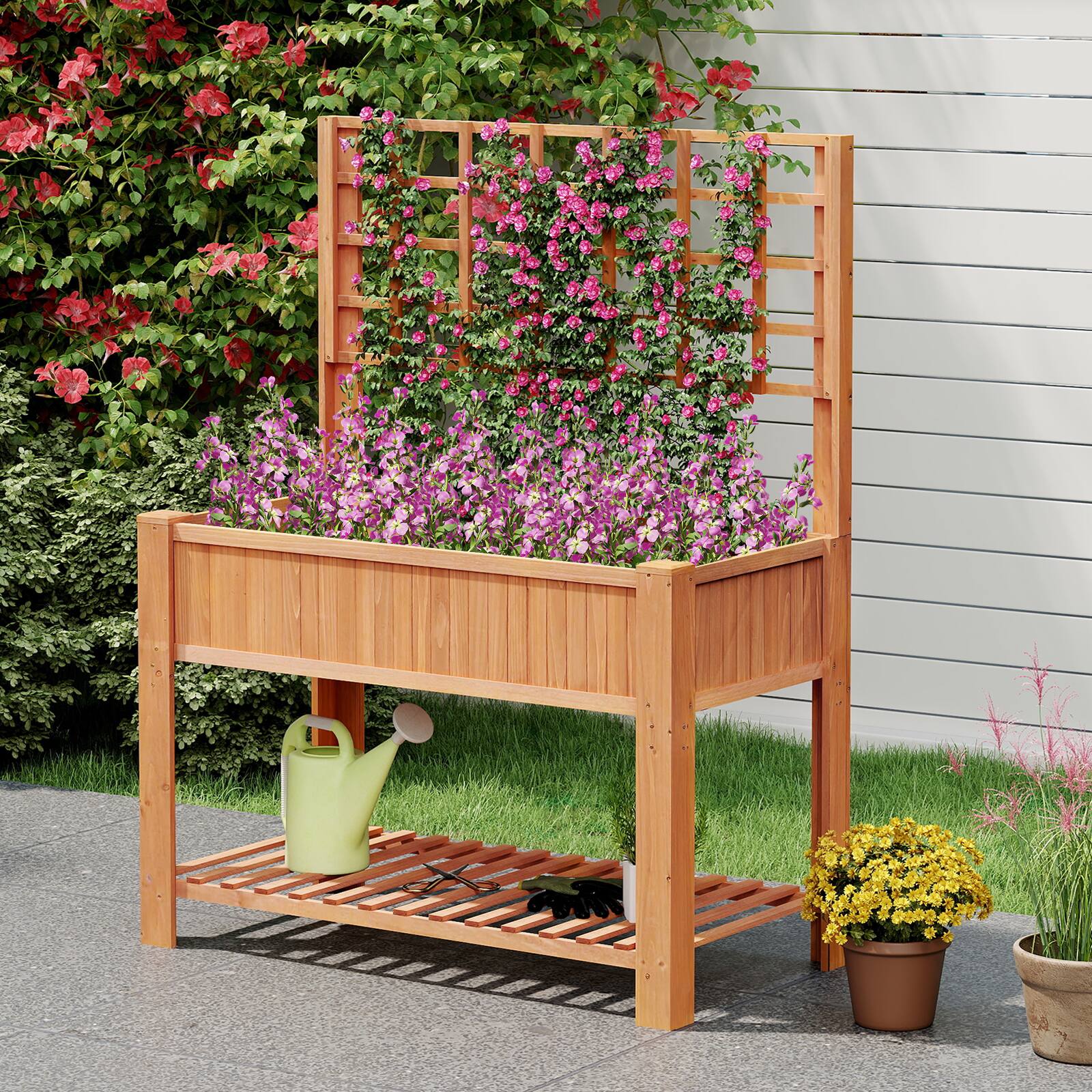 Alt View 1. Gymax - Gymax Raised Garden Bed w/ Trellis Wooden Elevated Planter Box w/ Legs & Liner Brown - Yellow.