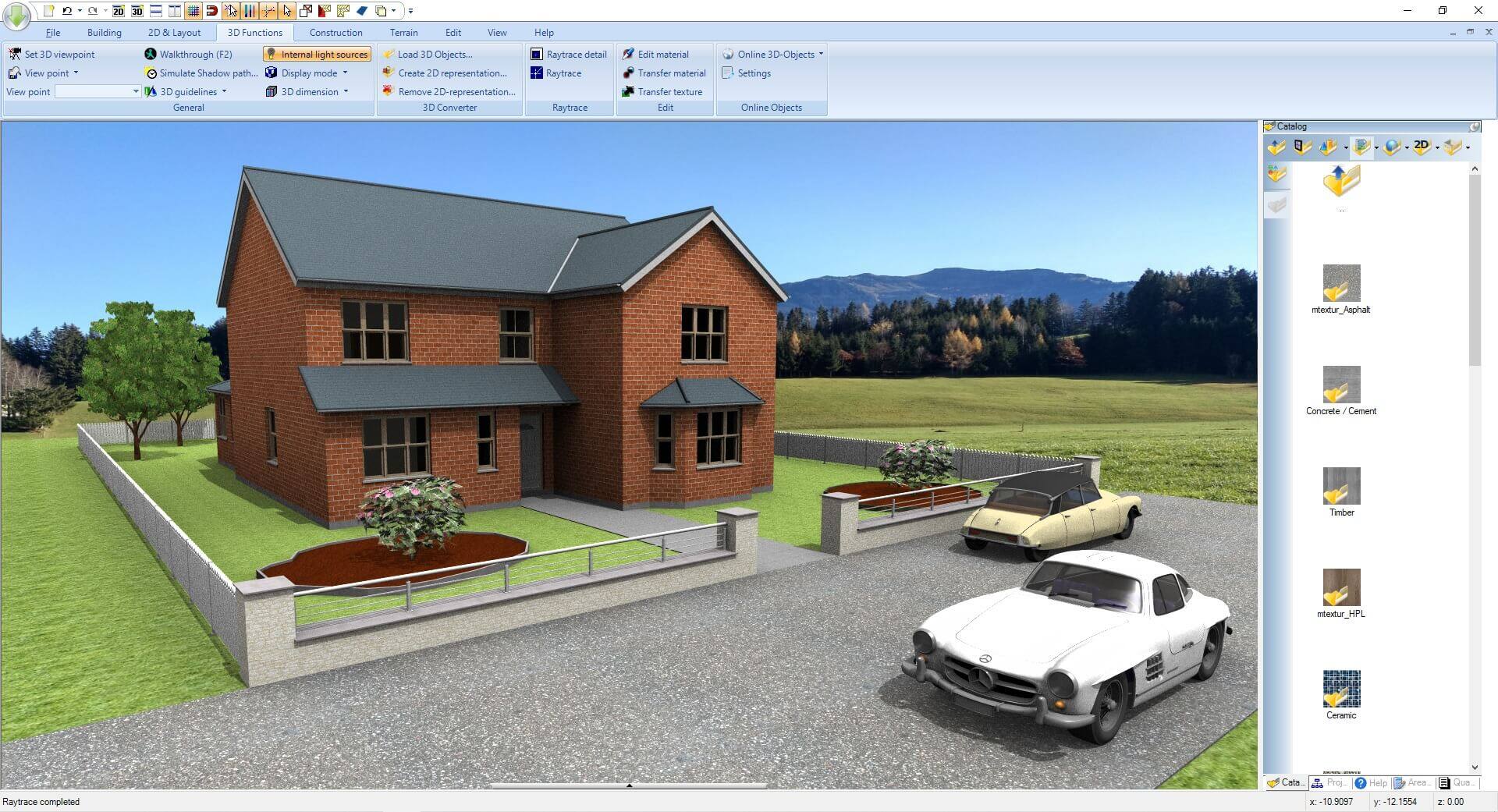 20 30 x Eile Building 2D & Layout 30 Functions Construction Terrain Edit View Help x Set 3D viewpoint View point View point Walkthrough (F2) Internal light sources Simulate Shadow path.. C Display mode 3D guidelines JD dimension General Load 3D Objects... Raytrace detail Create 20 representation... Raytrace Remove ZD-representation.. 3D Converter Raytrace Edit material Transfer material Transfer texture Edit Online 3D-Objects Settings Online Objects Catalog 2D mtextur_Asphalt Concrete / Cement Timber mtextur_HPL Ceramic Raytrace completed Cats Proj 1 Help Grea M x-10.9097 T -12.1554  Qus. 2 0.00