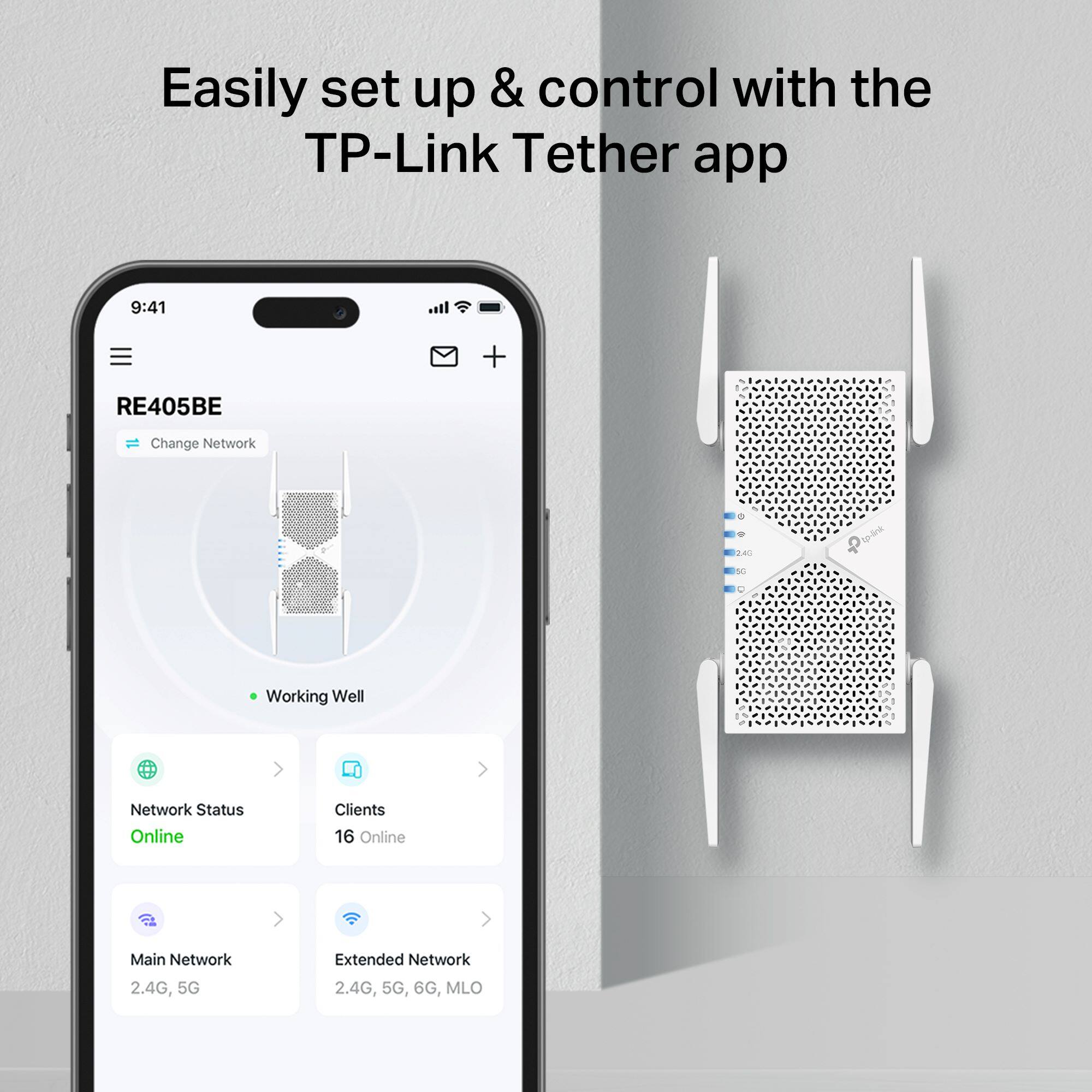 Easily set up and control with the TP-Link Tether app. The image shows a smartphone displaying the TP-Link Tether app, which allows users to manage their network settings, including the change of network, working well, network status, and online clients. The app provides options for both 2.4G and 5G networks, as well as extended network options for 6G and MLO.
