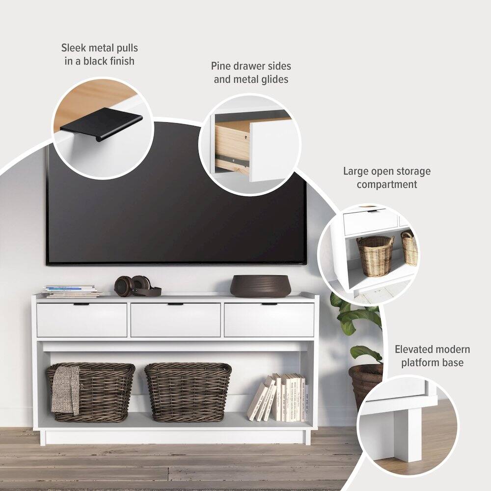 - Sleek metal pulls in a black finish
- Pine drawer sides and metal glides
- Large open storage compartment
- Elevated modern platform base