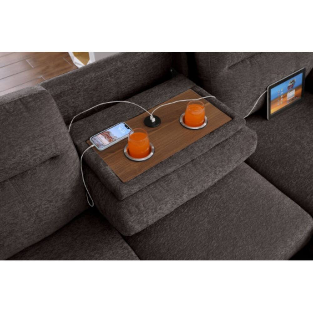 Alt View 1. LUCKY ONE - 94" Brown Chenille Sleeper Sectional Sofa with Right-Facing Storage Chaise, Pull-Out Bed, USB Console, Cupholders - Brown.