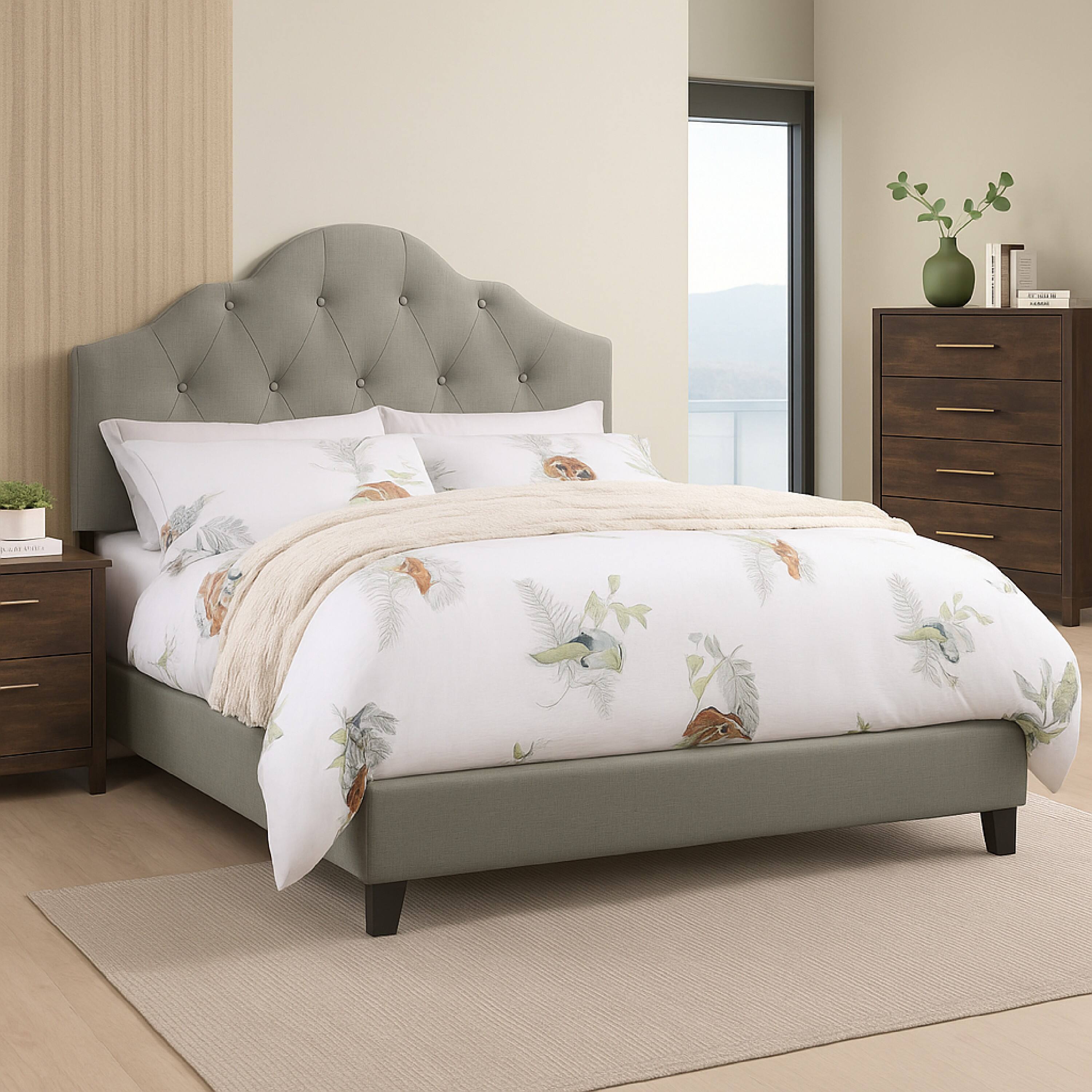 Alt View 5. Manhattan Lane - Eni Upholstered Queen Size Bed, Tufted Adjustable Headboard, Gray Fabric - Gray.