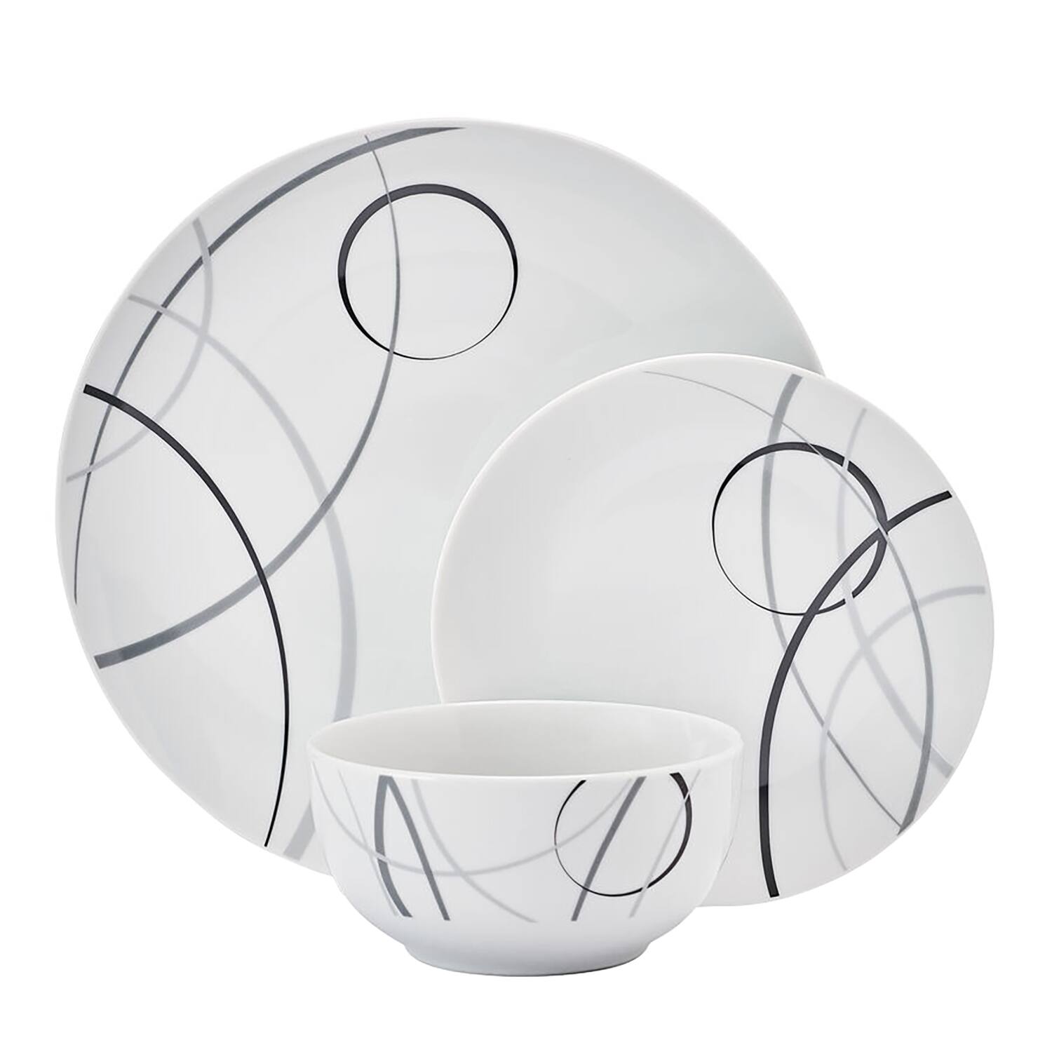 Angle. Studio Nova - 12-Piece Porcelain Dinnerware Set Circles Pattern - White with Designs.
