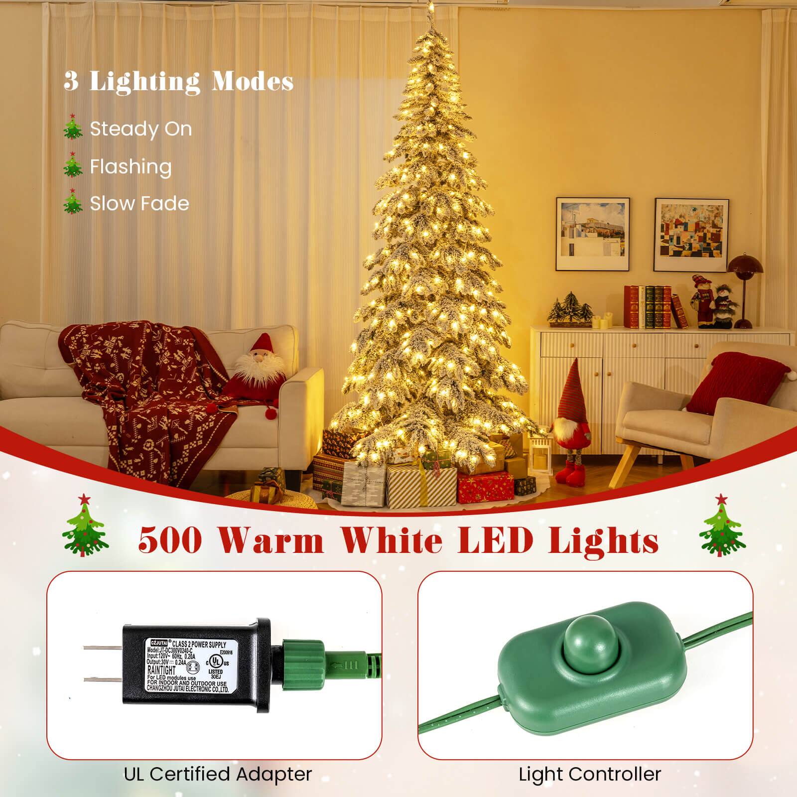 3 Lighting Modes  
- Steady On  
- Flashing  
- Slow Fade  

500 Warm White LED Lights  

UL Certified Adapter  
Light Controller