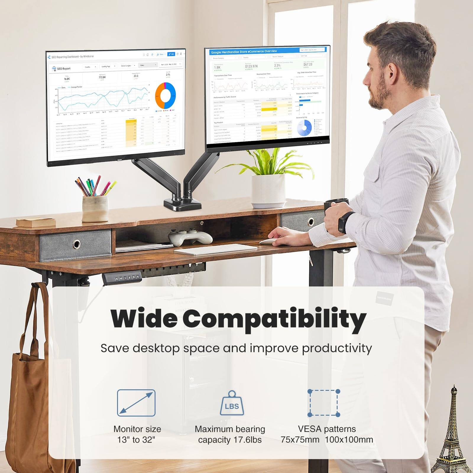 - Wide Compatibility
- Save desktop space and improve productivity
- Monitor size 13" to 32"
- Maximum bearing capacity 17.6lbs
- VESA patterns 75x75mm 100x100mm