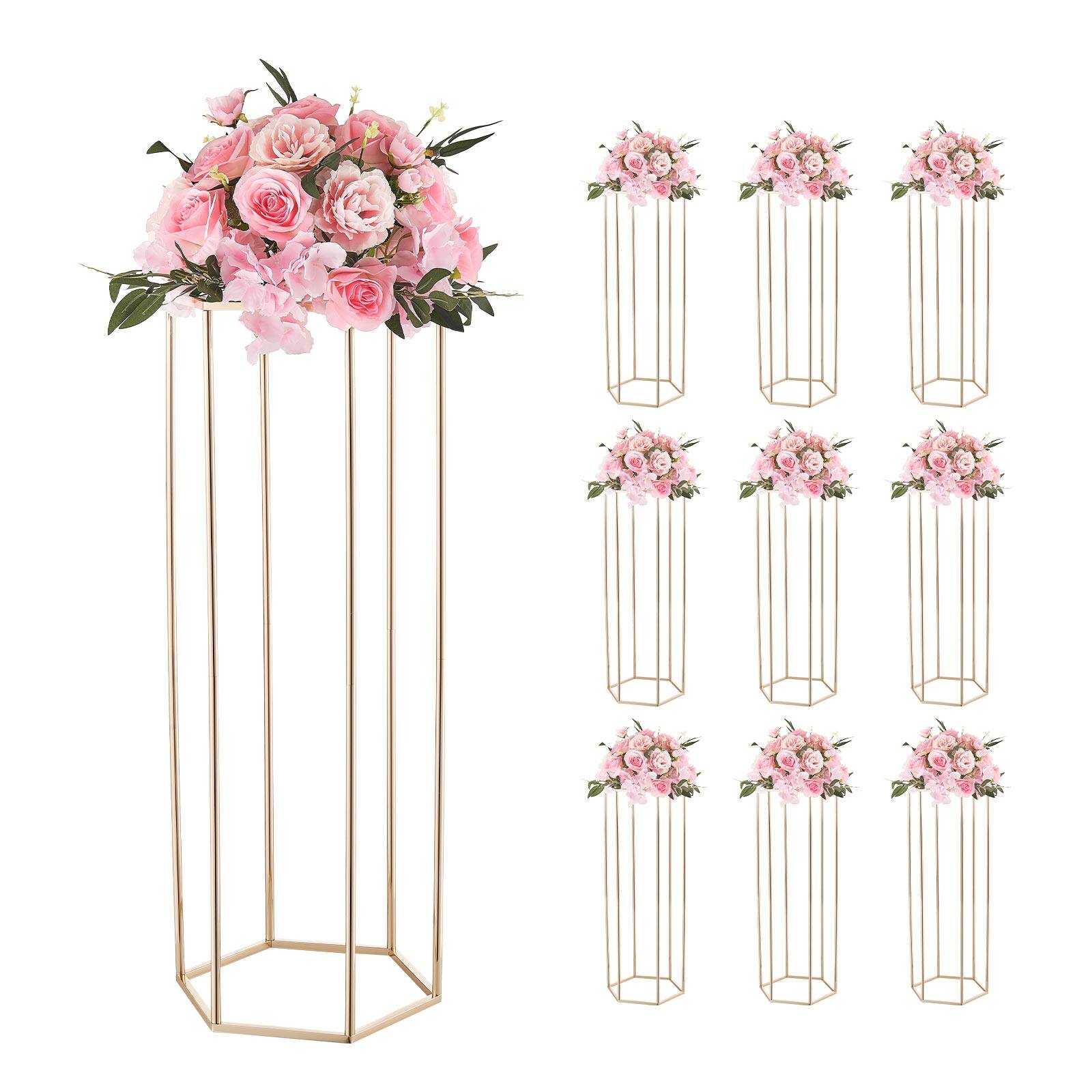 Front. VEVOR - Wedding Flower Stand, 10PCS 31.5-inch Column Flower Stand, Floral Stands with Acrylic Laminate, Hexagonal Cubic Floral - French Gold.