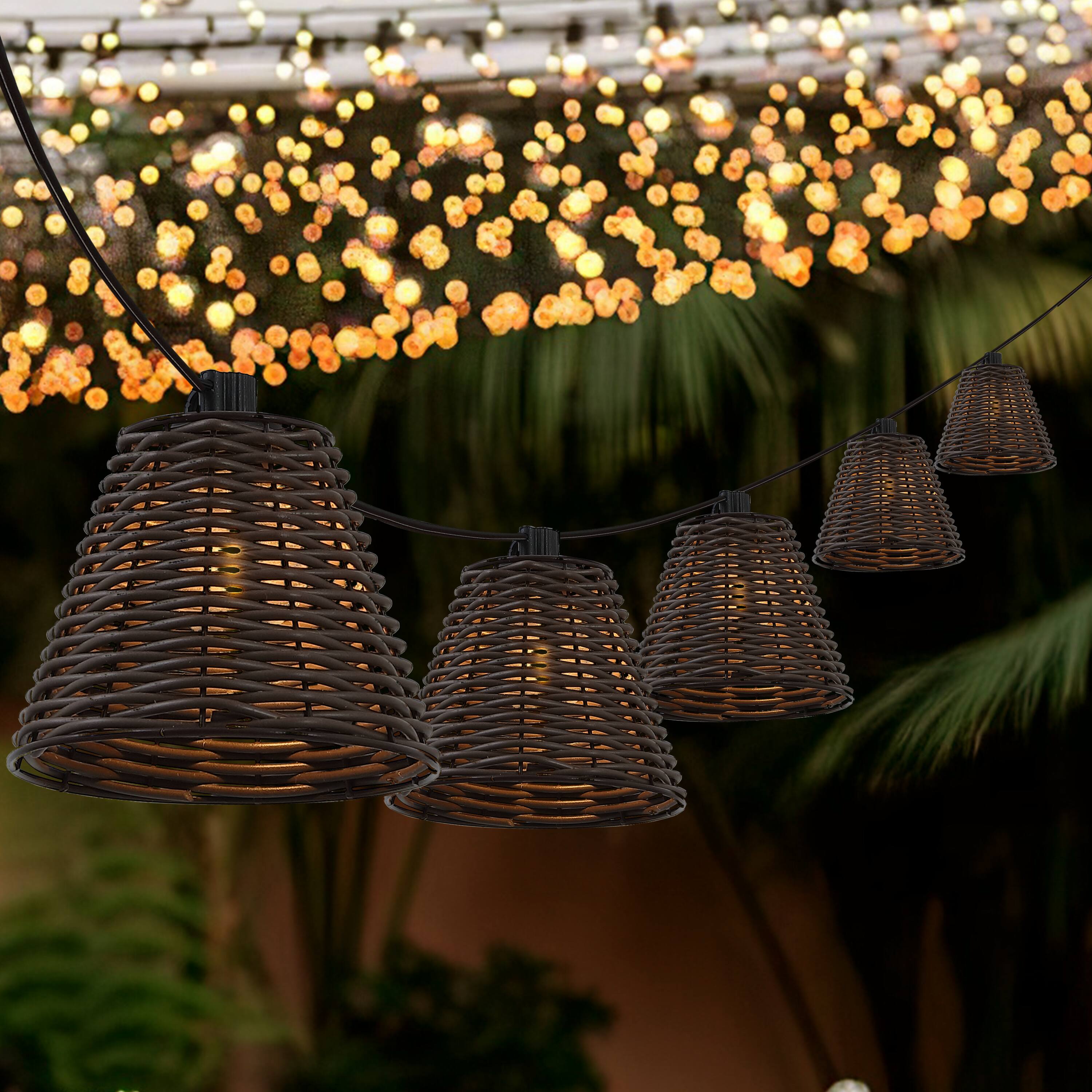Alt View 1. Jonathan Y - Payton 10-Light Indoor/Outdoor 10 ft. Classic Cottage LED G40 Faux-Rattan Shaded String Lights, Dark Brown - Dark Brown.