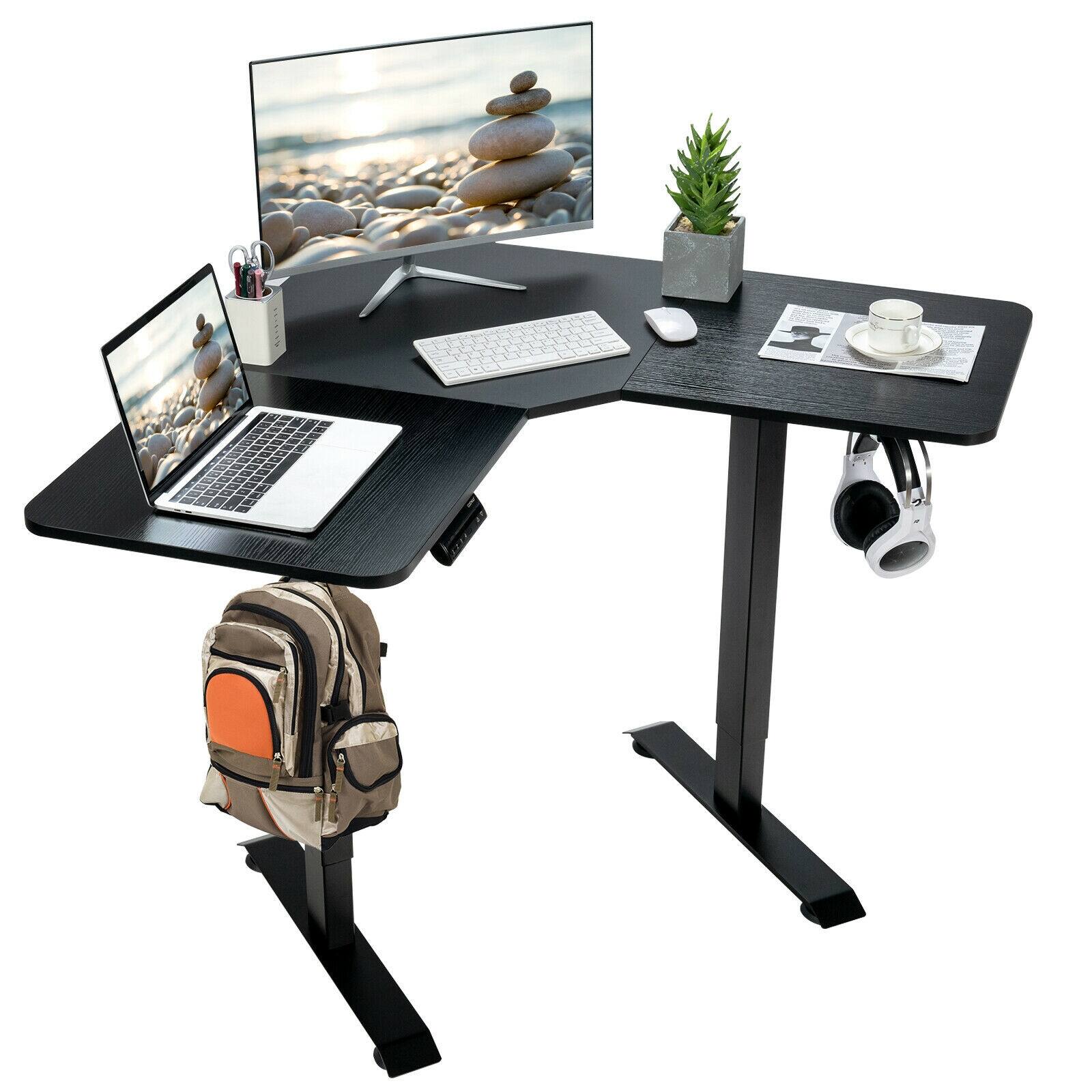 Front. Sugift - L-shaped Electric Standing Desk with 4 Memory Positions and LCD Display - Black.
