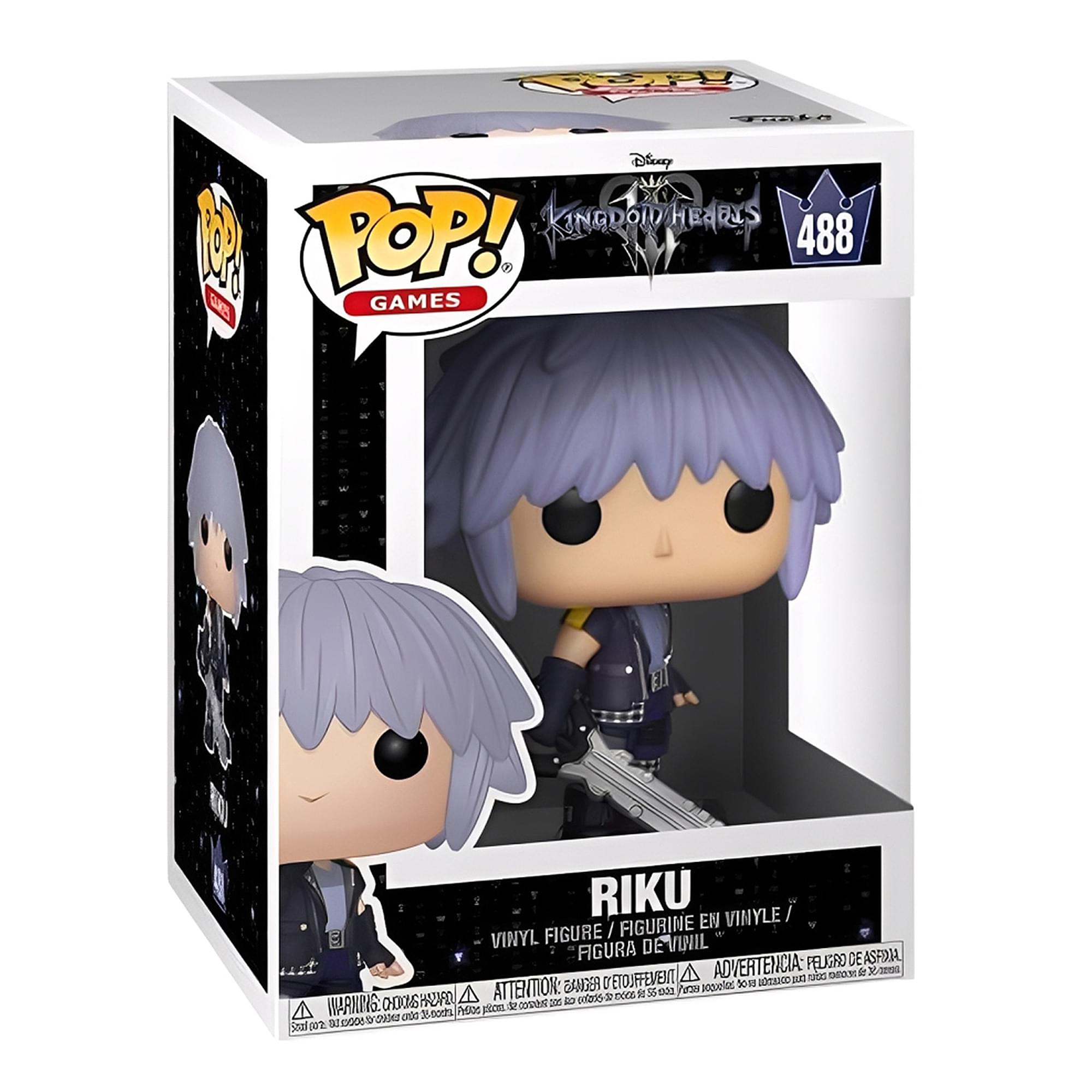 Sure, here is the corrected and grouped text from the image:

---

**Front:**
- Disney
- KINGDOM HEARTS
- 488
- POP! GAMES
- RIKU
- FIGURE / FIGURINE EN VINYLE / FIGURA DE VINIL / FIGURA DEVINIL
- WARNING: CHOKING HAZARD - SMALL PARTS. NOT FOR CHILDREN UNDER 3 YEARS. / ADVERTENCIA: PEQUEÑOS OBJETOS QUE PUEDE INGESTAR. NO ES APTO PARA MENORES DE 3 AÑOS. / ATTENTION: RISQUE DE NOYADE - PETITS OBJETS. NE PAS LAISSER ENFANTS DE MOINS DE 3 ANS. / AVISO: PEQUENOS OBJETOS QUE PUEDE INGESTAR. NO ES APTO PARA MENORES DE 3 AÑOS.

**Side:**
- POP! GAMES
- KINGDOM HEARTS

**Bottom:**
- VINYL FIGURE / FIGURINE EN VINYLE / FIGURA DE VINIL / FIGURA DEVINIL
- WARNING: CHOKING HAZARD - SMALL PARTS