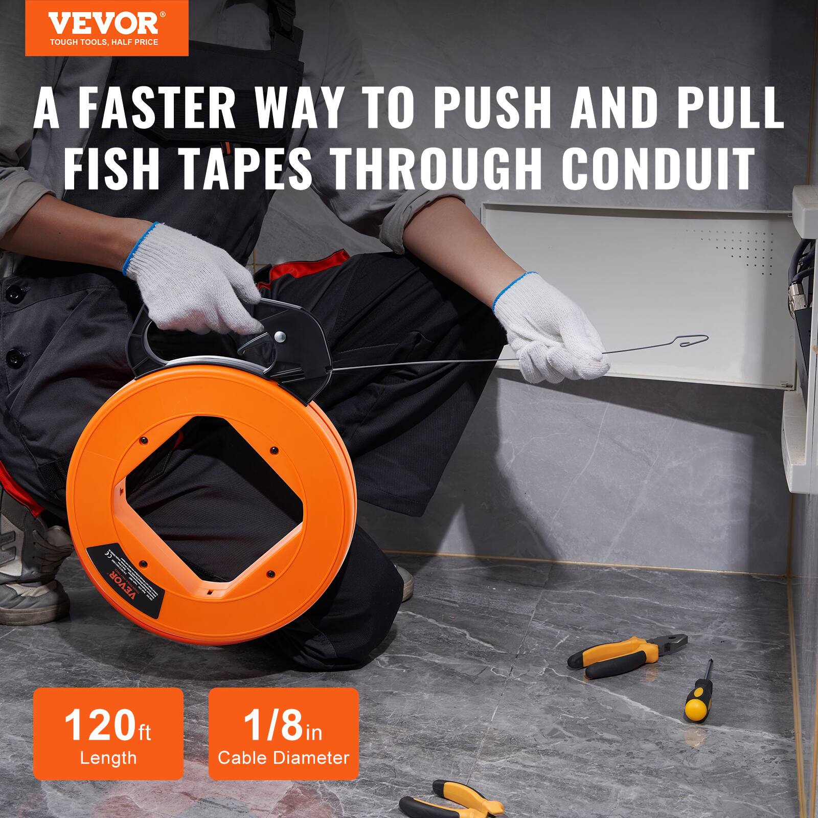 VEVOR TOUGH TOOLS HALF PRICE  
A FASTER WAY TO PUSH AND PULL FISH TAPES THROUGH CONDUIT  

VEVOR 120ft Length 1/8in Cable Diameter