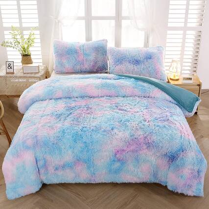 Front. PO3TICJUNKI3 - Faux Bedding Set 3pcs Plush Shaggy Fluffy Duvet Cover Tie Dye Ombre Furry Comforterquilt Queen - Blue-Twin (3PCS).