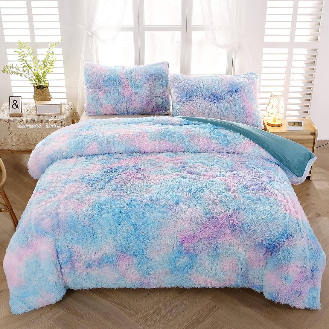 PO3TICJUNKI3 - Faux Bedding Set 3pcs Plush Shaggy Fluffy Duvet Cover Tie Dye Ombre Furry Comforterquilt Queen - Blue-Twin (3PCS)