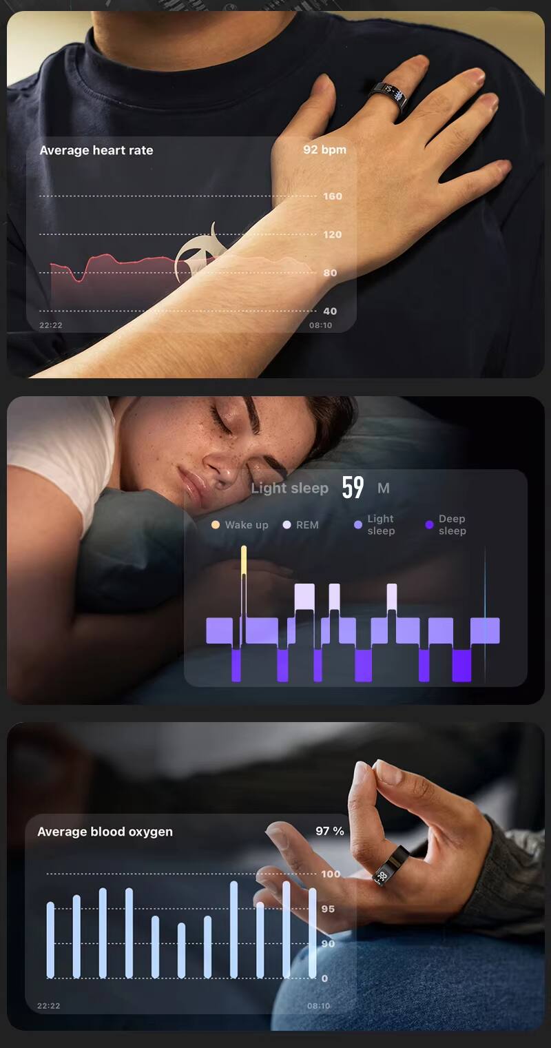 Average heart rate: 92 bpm  
160  
120  
80  
40  
22:22  
08:10  

Light sleep: 59 M  
Wake up  
REM  
Light  
Deep  

Average blood oxygen: 97%  
100  
95  
90  
22:22  
08:10