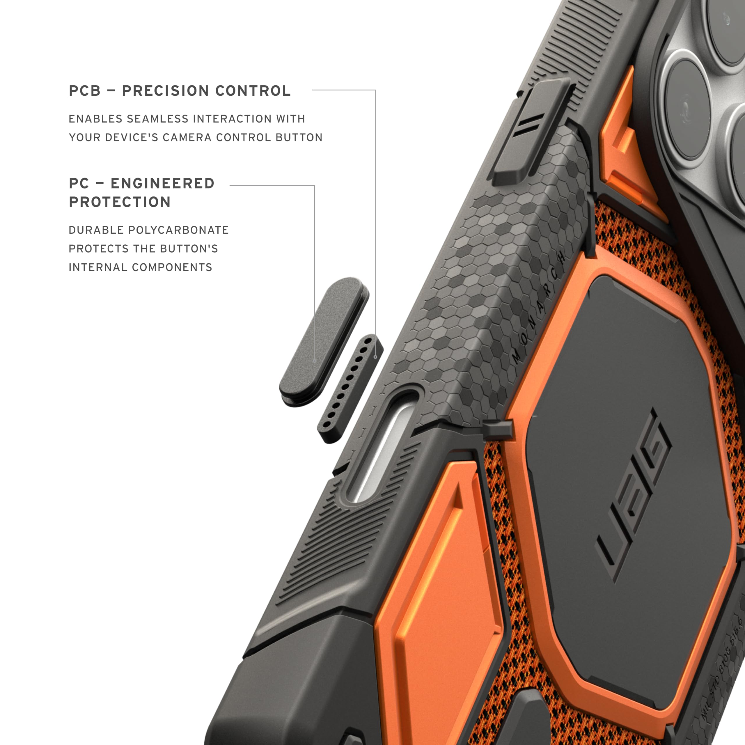 - PCB - PRECISION CONTROL
  ENABLES SEAMLESS INTERACTION WITH YOUR DEVICE'S CAMERA CONTROL BUTTON

- PC - ENGINEERED PROTECTION
  DURABLE POLYCARBONATE PROTECTS THE BUTTON'S INTERNAL COMPONENTS