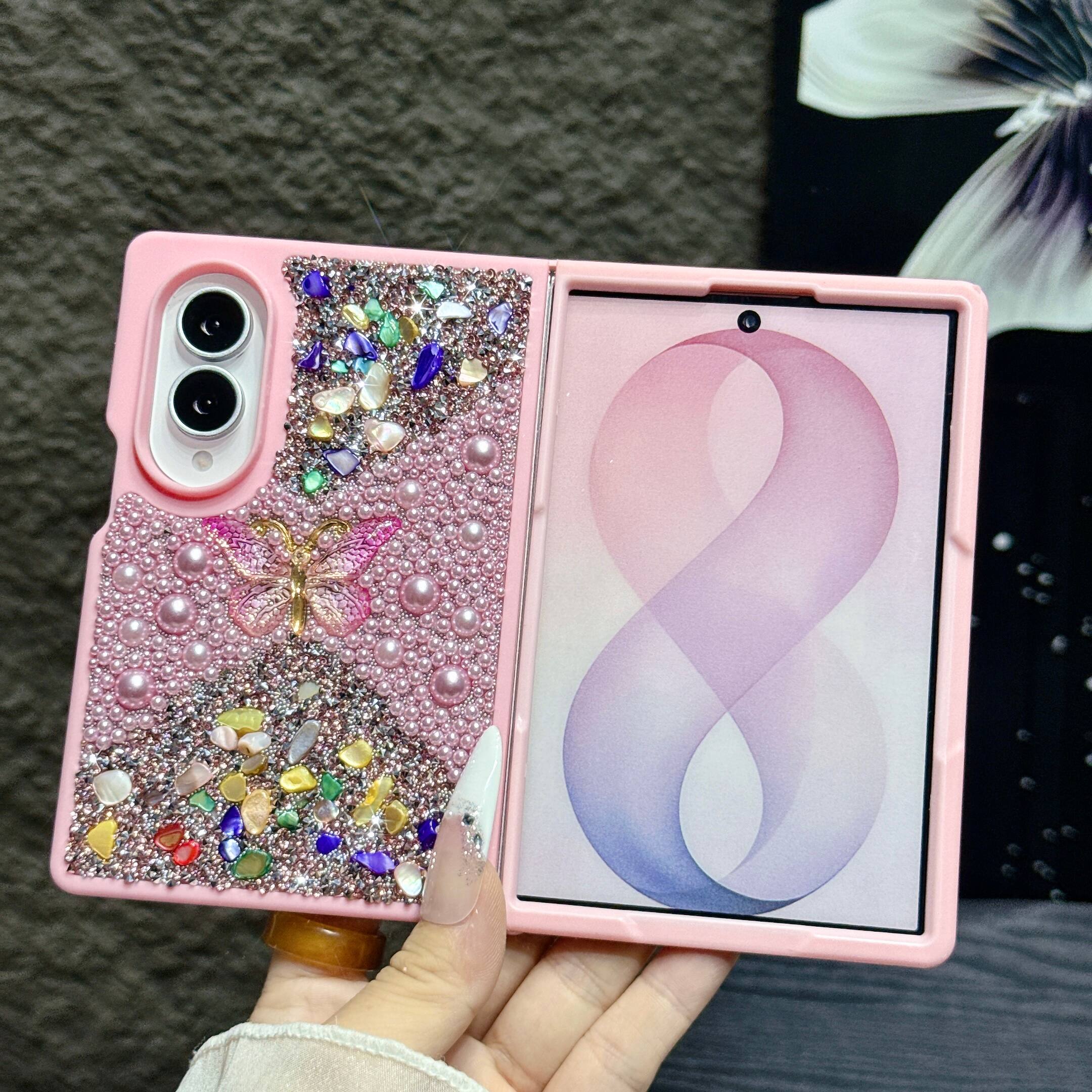 Left. Dteck - Diamond Case for Samsung Galaxy Z Fold 8, Sparkle Glitter Rhinestone Butterfly Phone Cover with Strap - Pink.