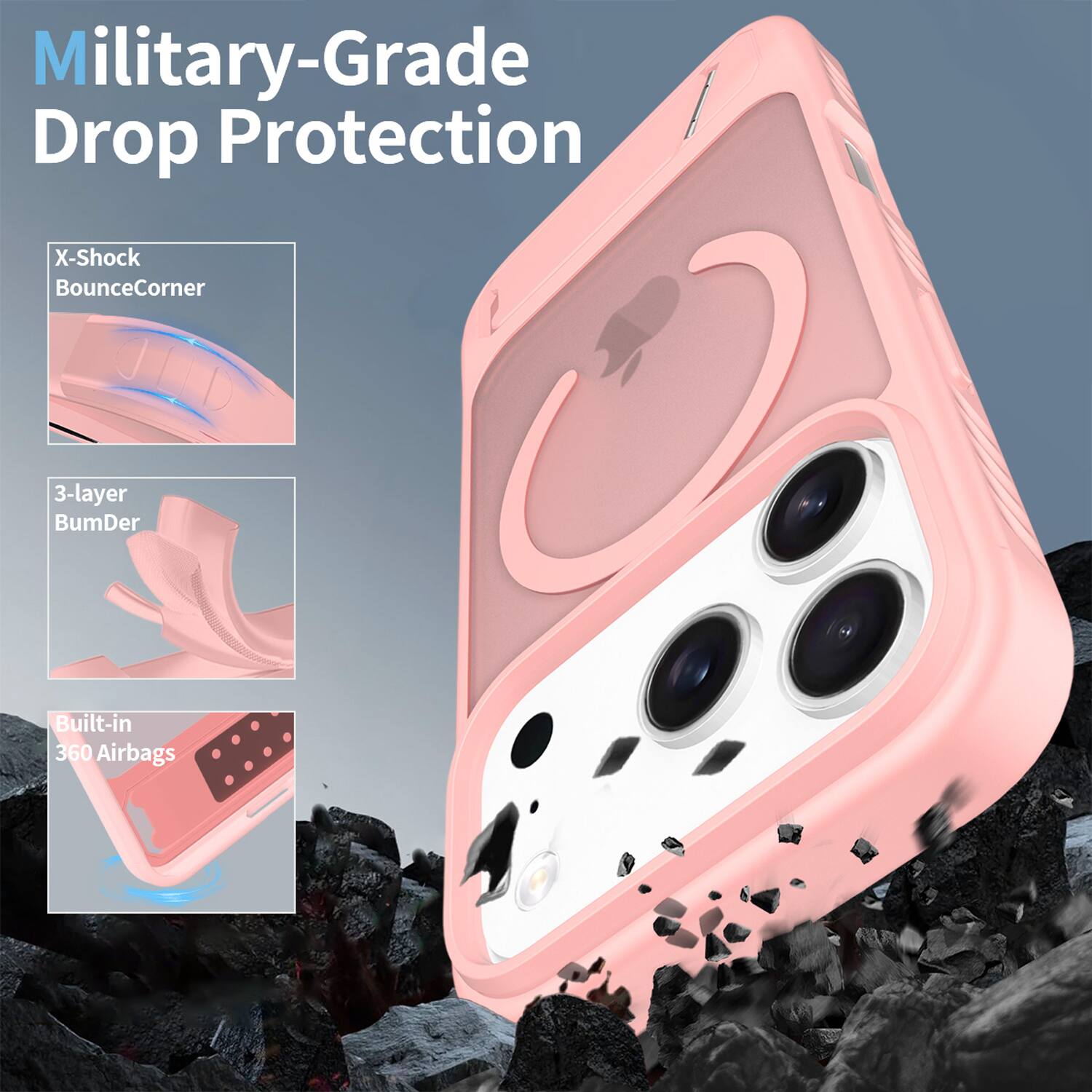 Military-Grade Drop Protection  
X-Shock BounceCorner  
3-layer BumDer  
Built-in 360 Airbags