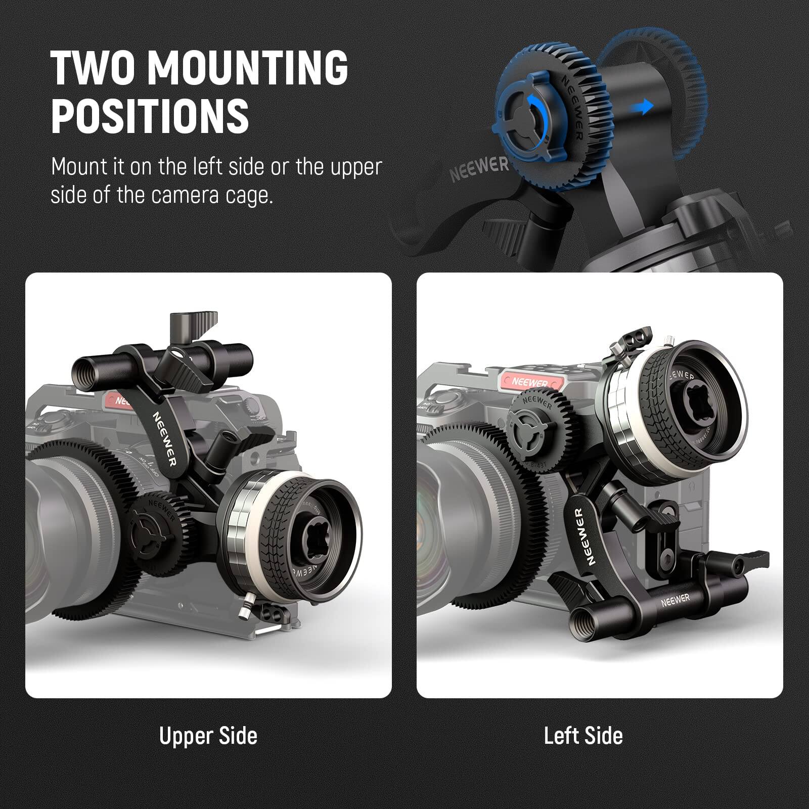 TWO MOUNTING POSITIONS  
Mount it on the left side or the upper side of the camera cage.

Upper Side  
Left Side