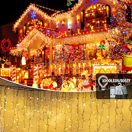Sunoyar - Christmas Halloween Curtain Lights 105FT 1000LED Outdoor Fairy Lights w/50 Drops 8 Modes Timer Memory for Party Wedding - warm white