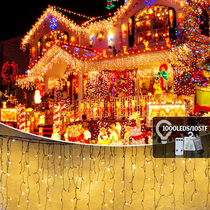 Front. Sunoyar - Christmas Halloween Curtain Lights 105FT 1000LED Outdoor Fairy Lights w/50 Drops 8 Modes Timer Memory for Party Wedding - warm white.