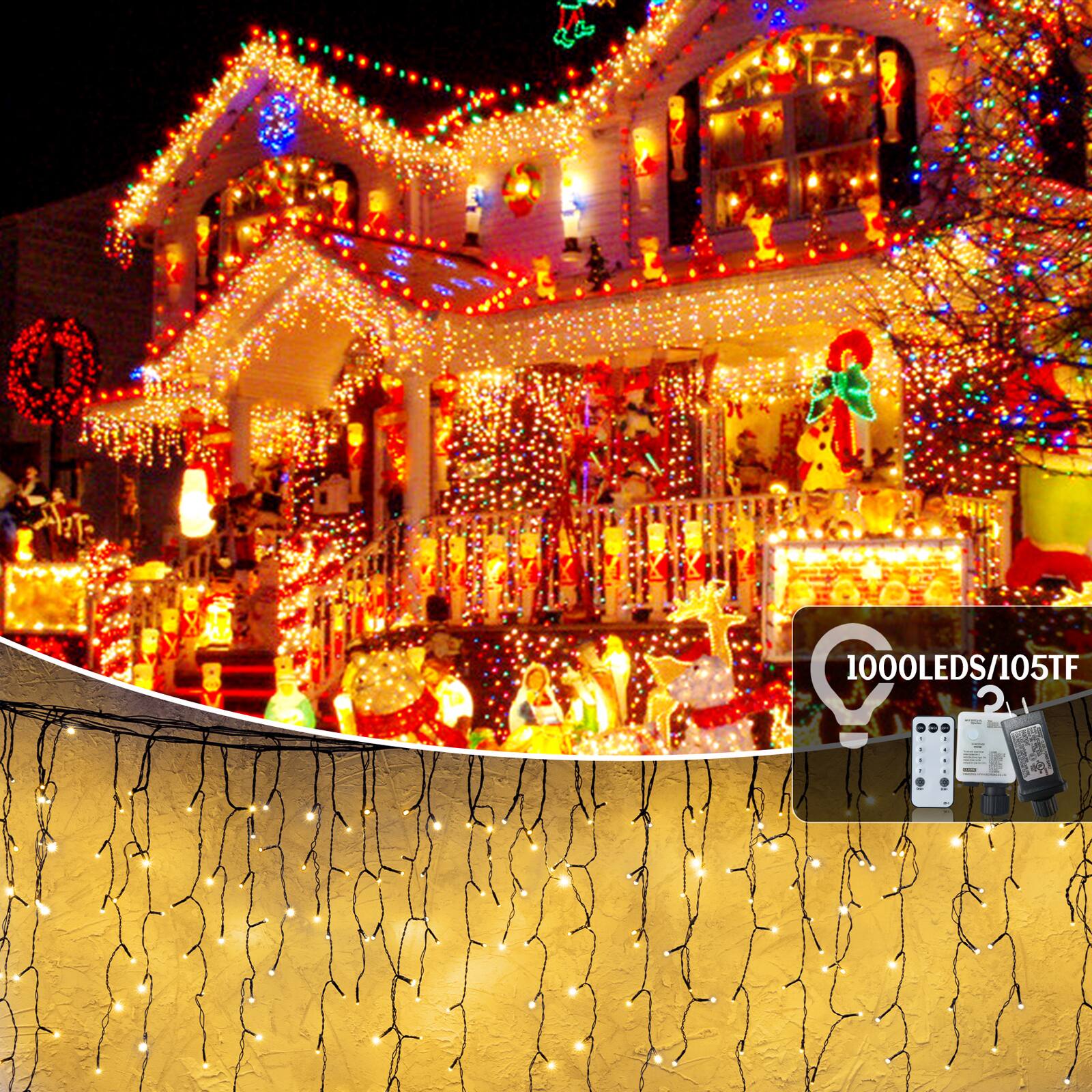 Front. Sunoyar - Christmas Halloween Curtain Lights 105FT 1000LED Outdoor Fairy Lights w/50 Drops 8 Modes Timer Memory for Party Wedding - warm white.