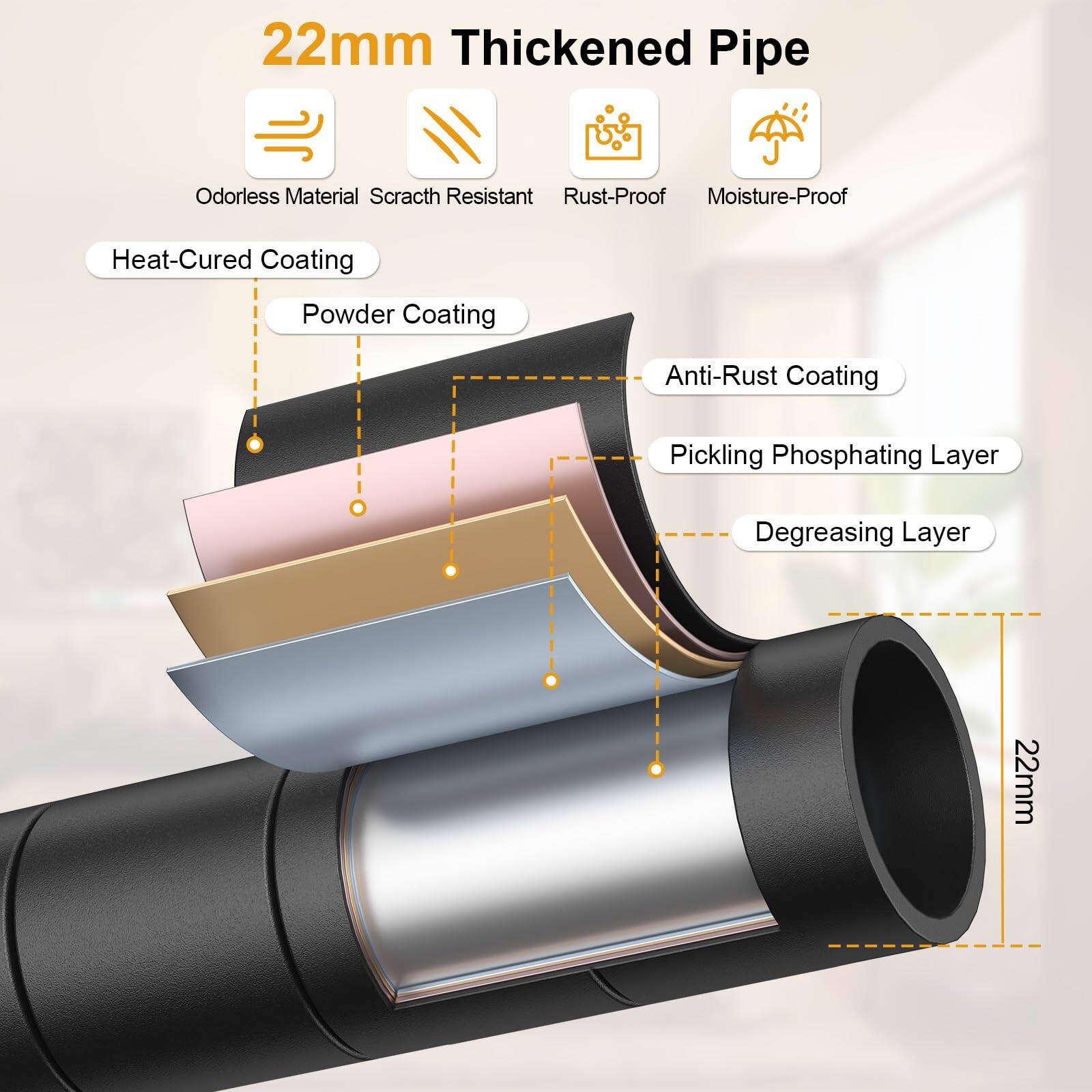 22mm Thickened Pipe

- Odorless Material
- Scratch Resistant
- Rust-Proof
- Moisture-Proof

Layers:
- Heat-Cured Coating
- Powder Coating
- Anti-Rust Coating
- Pickling Phosphating Layer
- Degreasing Layer

22mm
