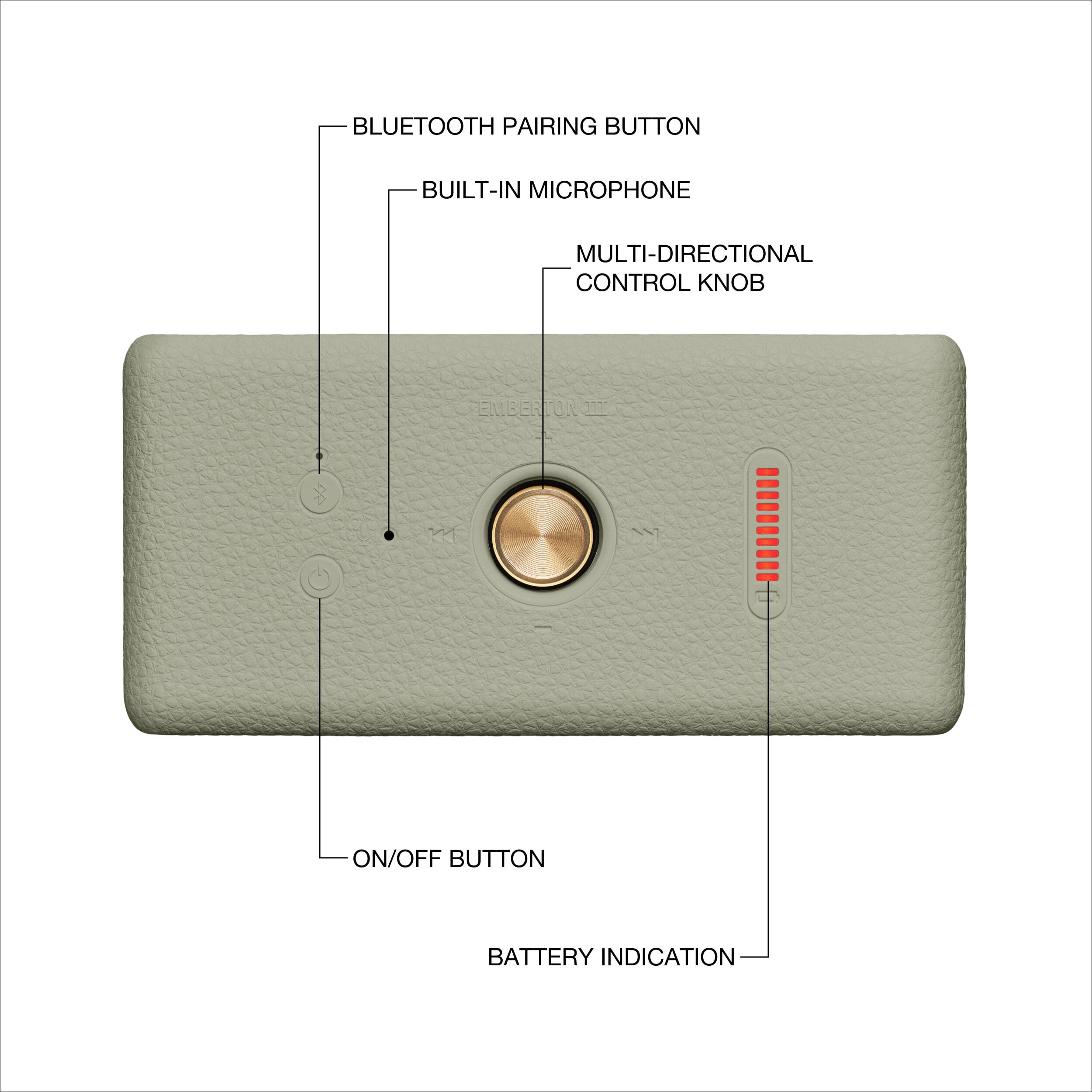 The image shows a close-up of a device with a built-in microphone and a multi-directional control knob. The device also has a Bluetooth pairing button and an on/off button. Additionally, the image indicates that the device has a battery indication feature.