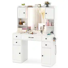 Gymax - Makeup Vanity Desk w/ Lighted Mirror Charging Station 3-Color Dimmable LED Lights - White