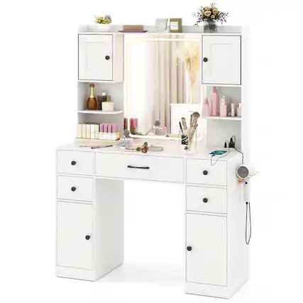 Front. Gymax - Gymax Makeup Vanity Desk w/ Lighted Mirror Charging Station 3-Color Dimmable LED Lights - White.