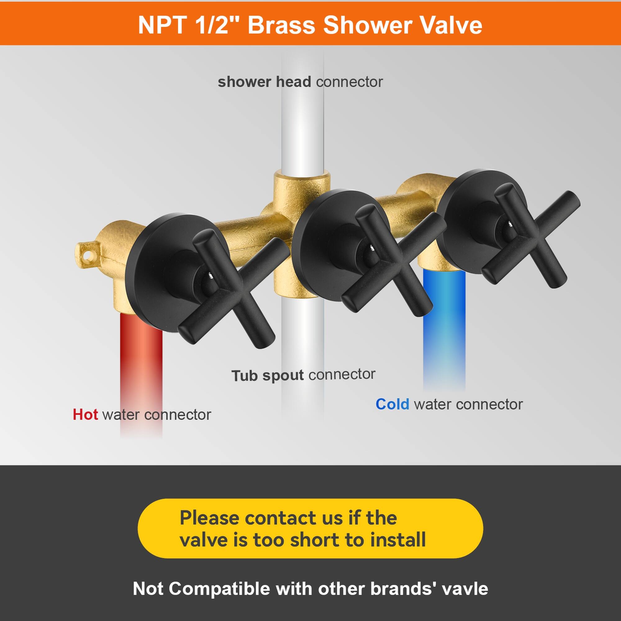 NPT 1/2" Brass Shower Valve

- Shower head connector
- Tub spout connector
- Hot water connector
- Cold water connector

Please contact us if the valve is too short to install

Not Compatible with other brands' valve