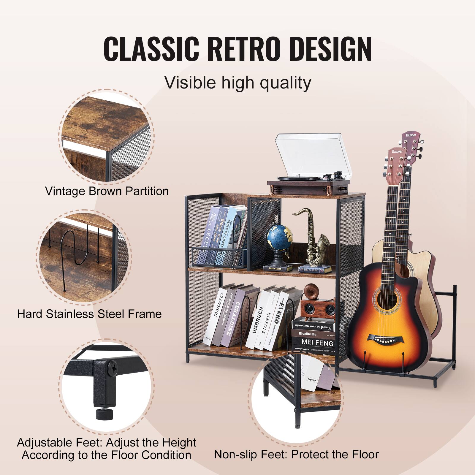 CLASSIC RETRO DESIGN  
Visible high quality  

- Vintage Brown Partition  
- Hard Stainless Steel Frame  
- Adjustable Feet: Adjust the Height According to the Floor Condition  
- Non-slip Feet: Protect the Floor