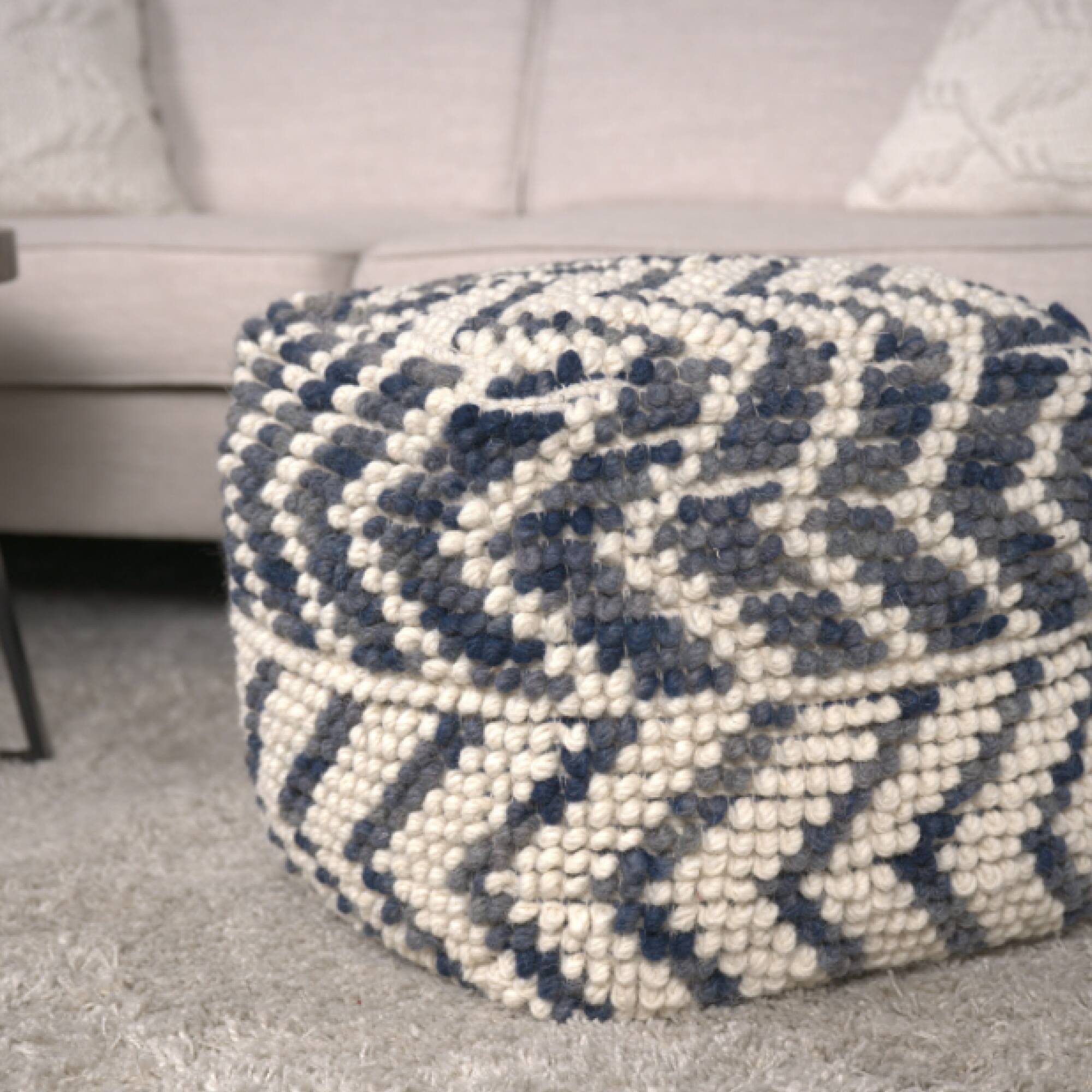 Front. GOODSILO - Handcrafted Wool and Cotton Blend Square Pouf with Natural and Blue Design - Natural.