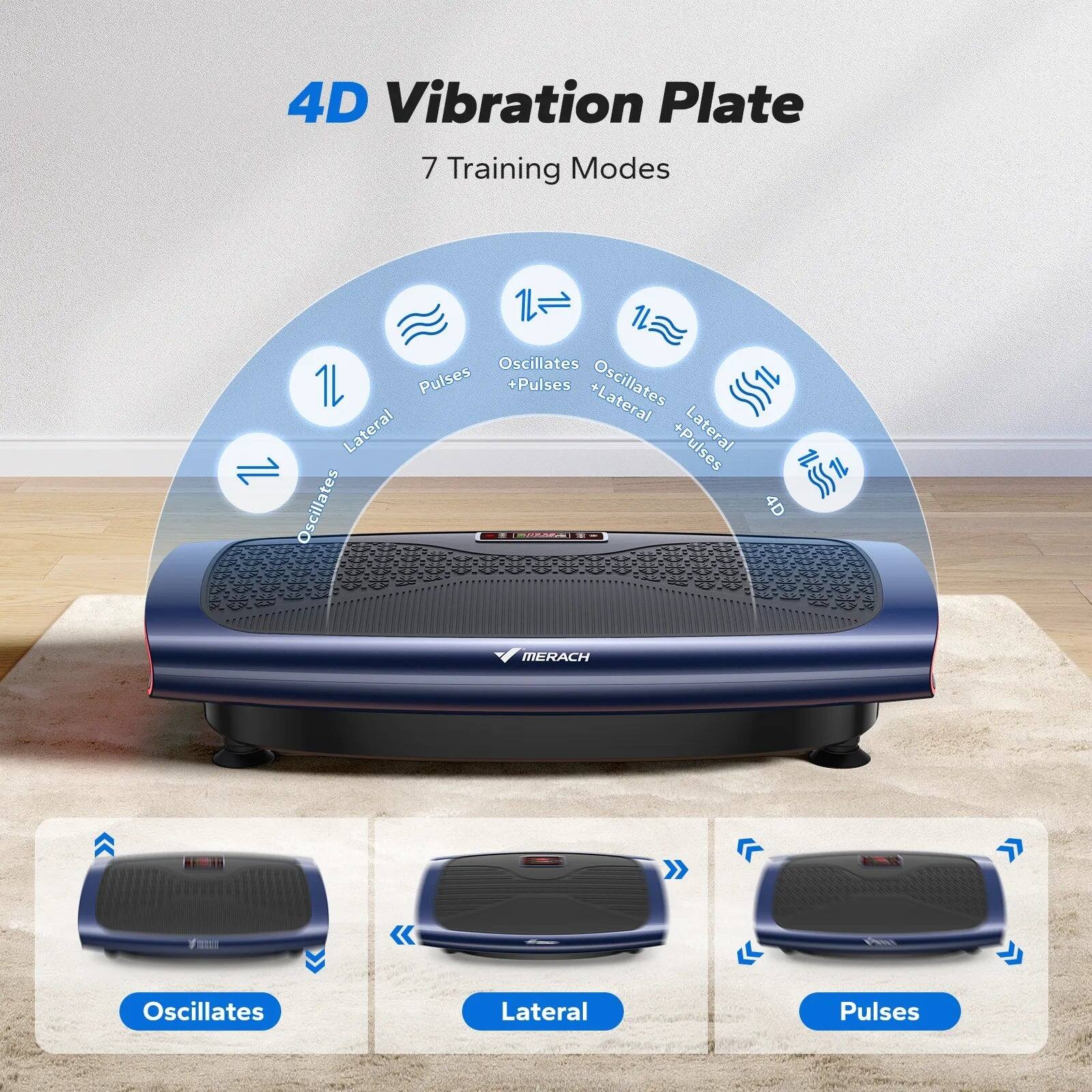 4D Vibration Plate  
7 Training Modes  
Oscillates  
Pulses  
+Pulses  
Oscillates Lateral  
+Pulses Lateral  
Oscillates Lateral Pulses  

4D MERACH
