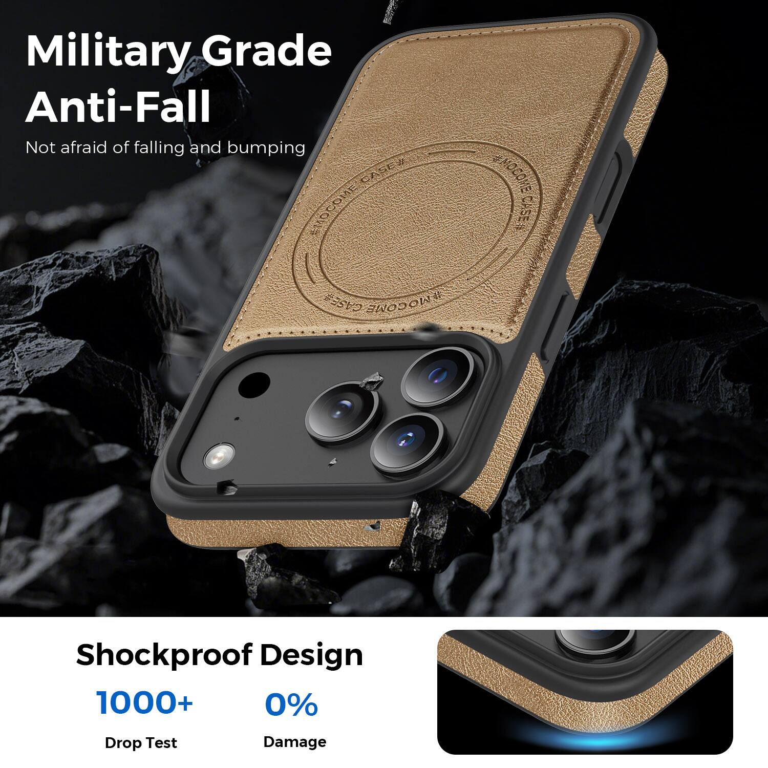 Military Grade Anti-Fall  
Not afraid of falling and bumping  

CASE# MOCOME  
110 MOCOME OME CASES  
SOSOW# AHOCOMECASE  

Shockproof Design  
1000+ Drop Test  
0% Damage