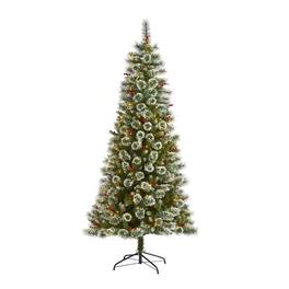 BreeBe - 7’ Frosted Swiss Pine Christmas Tree 400 Clear LED & Berries - Multi