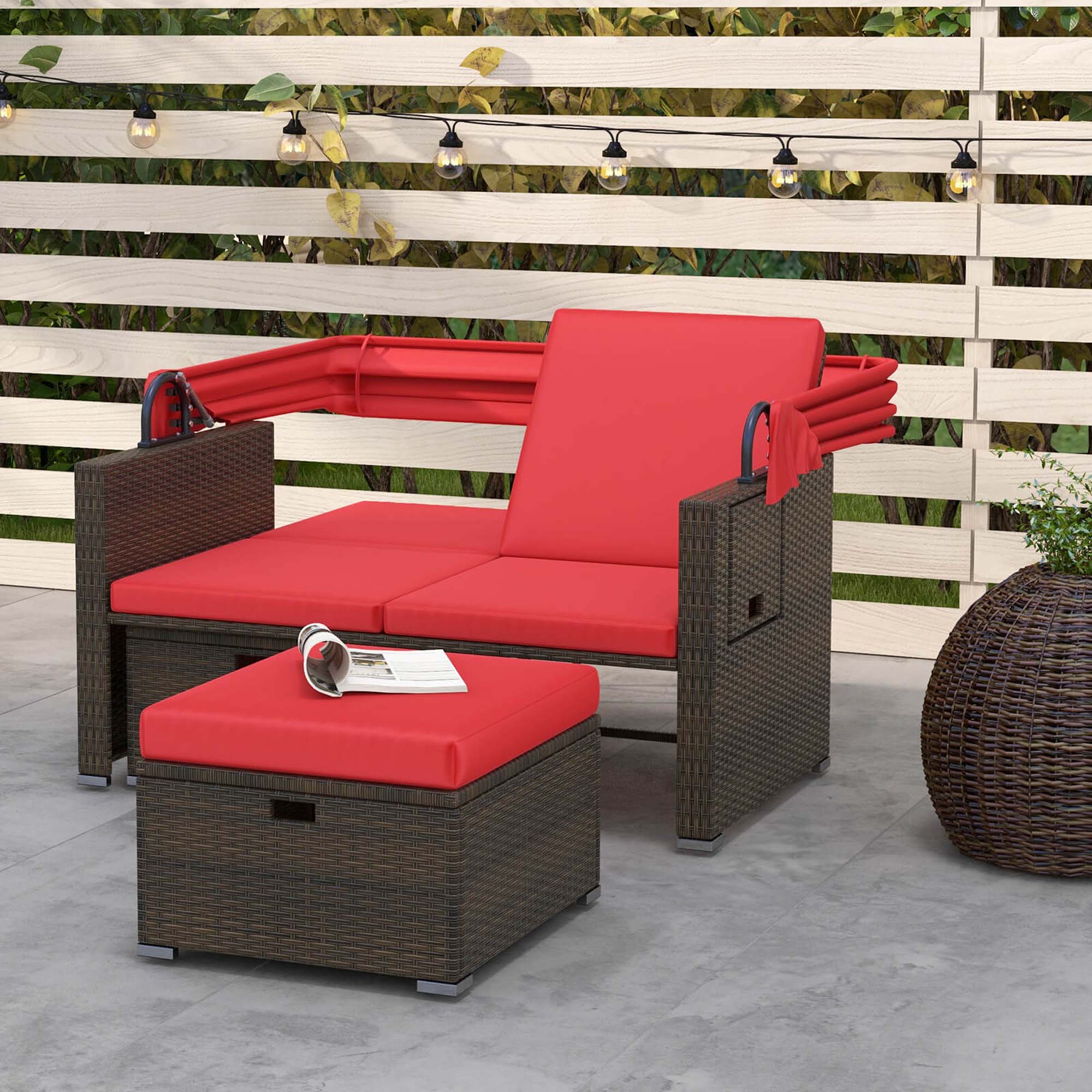 Alt View 3. Costway - Outdoor Patio Rattan Daybed with Retractable Canopy & Adjustable Backrests - Red + Mix Brown.