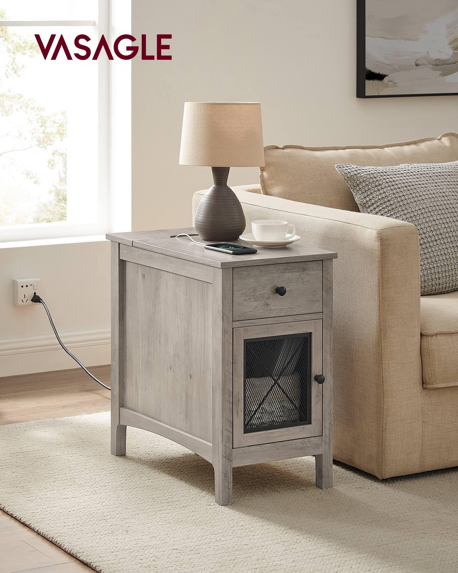 Angle. Songmics Home - Side Table with Storage, End Table with USB Ports and Outlets, Nightstand with Charging Station, Drawer, Storage Cabinet - Greige.