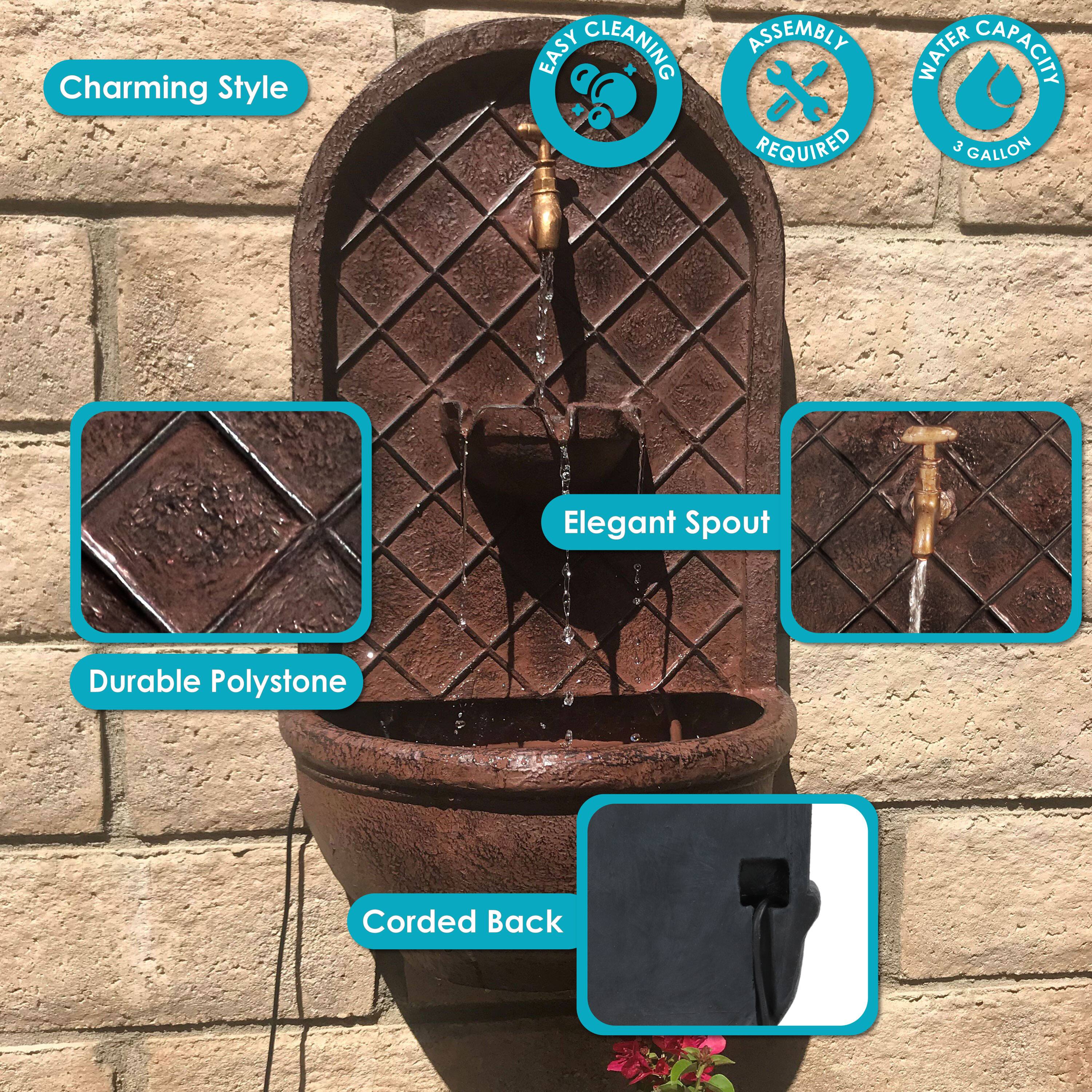 - Charming Style
- Easy Cleaning
- Assembly Required
- Water Capacity: 3 Gallon
- Elegant Spout
- Durable Polystone
- Corded Back