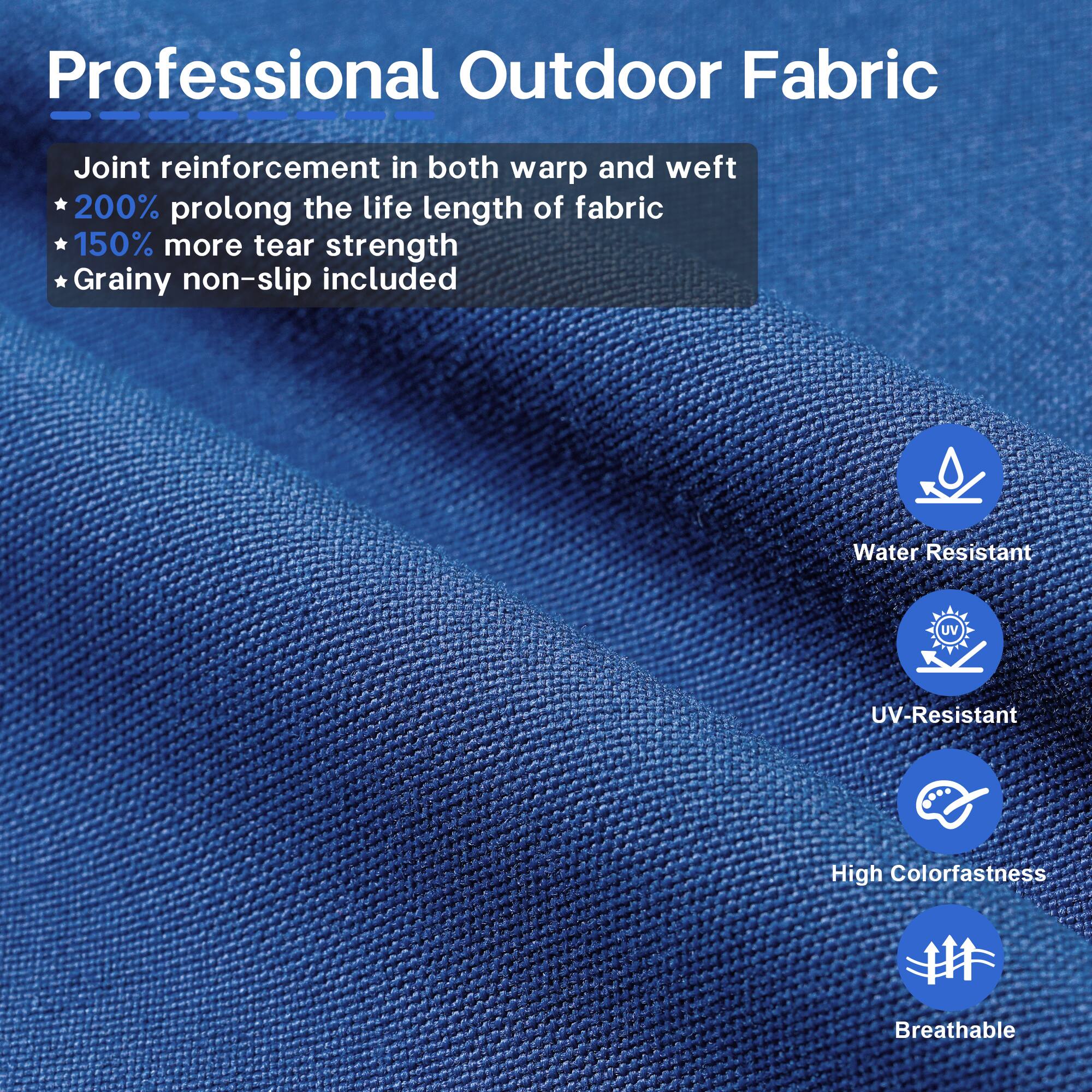 Professional Outdoor Fabric

- Joint reinforcement in both warp and weft
- 200% prolong the life length of fabric
- 150% more tear strength
- Grainy non-slip included

- Water Resistant
- UV-Resistant
- High Colorfastness
- Breathable